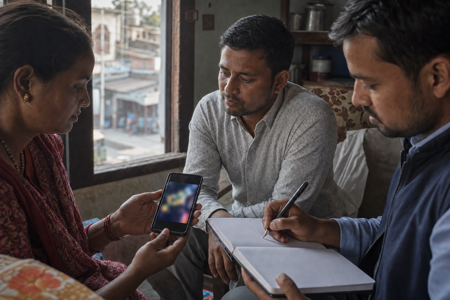 Three Birgunj residents calmly examine a video on a smartphone and document details in a blank notebook before sharing it.