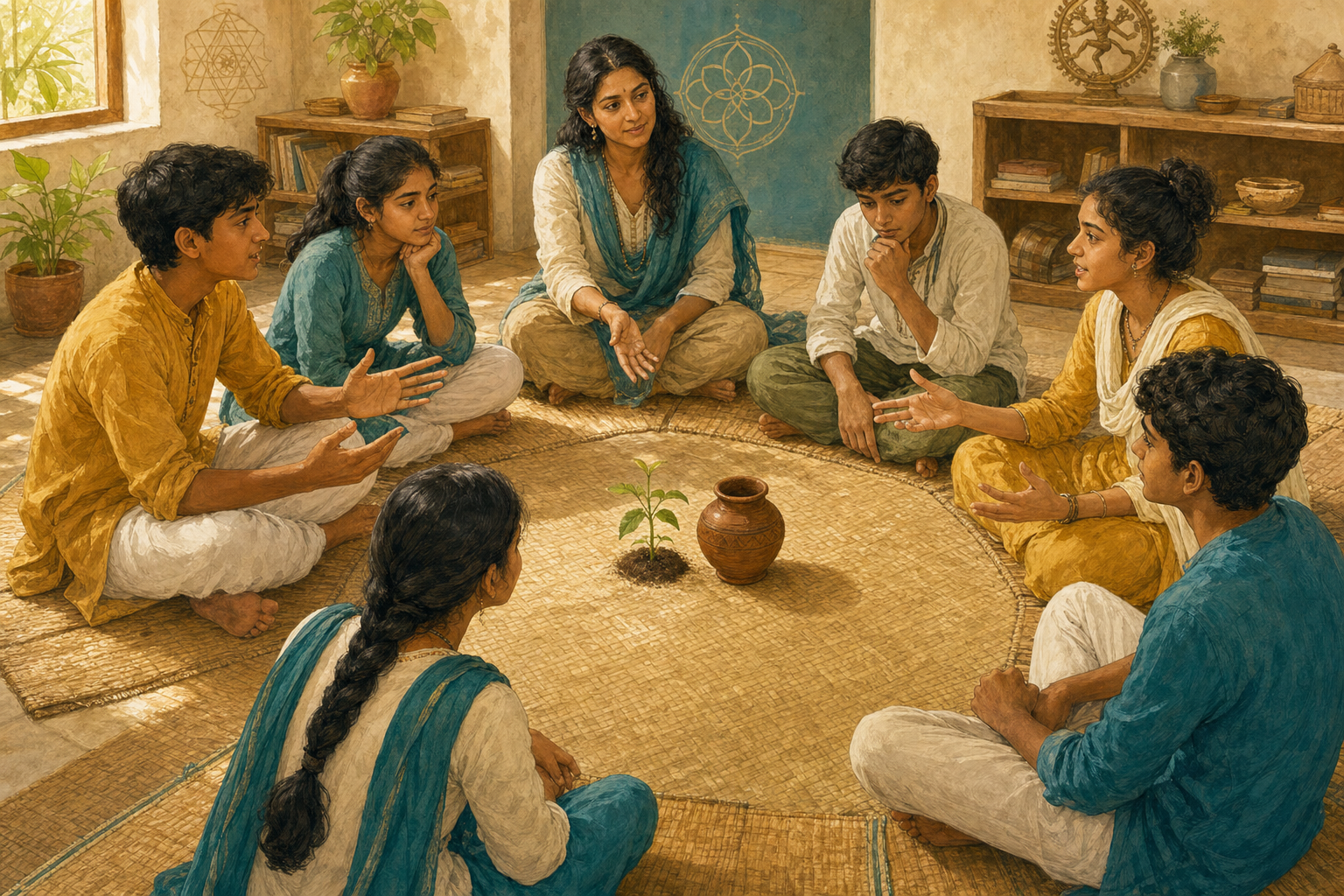 Six students discuss differing interpretations of shared objects while a facilitator guides the circle from the side.