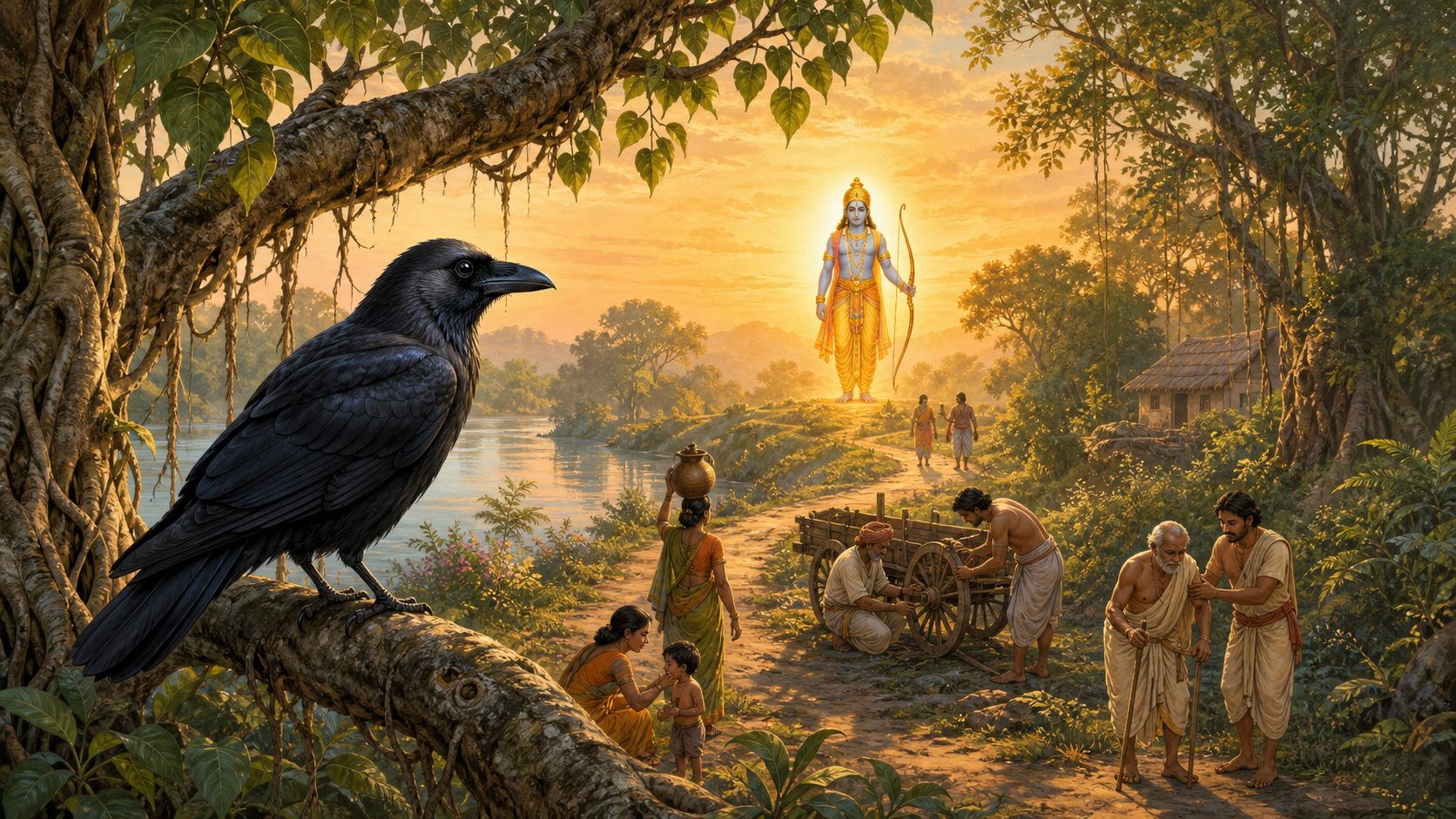 Kakabhushundi in the form of a black crow perches on a banyan branch overlooking a riverbank, with a radiant figure of Sri Rama and people performing everyday duties in the distance.