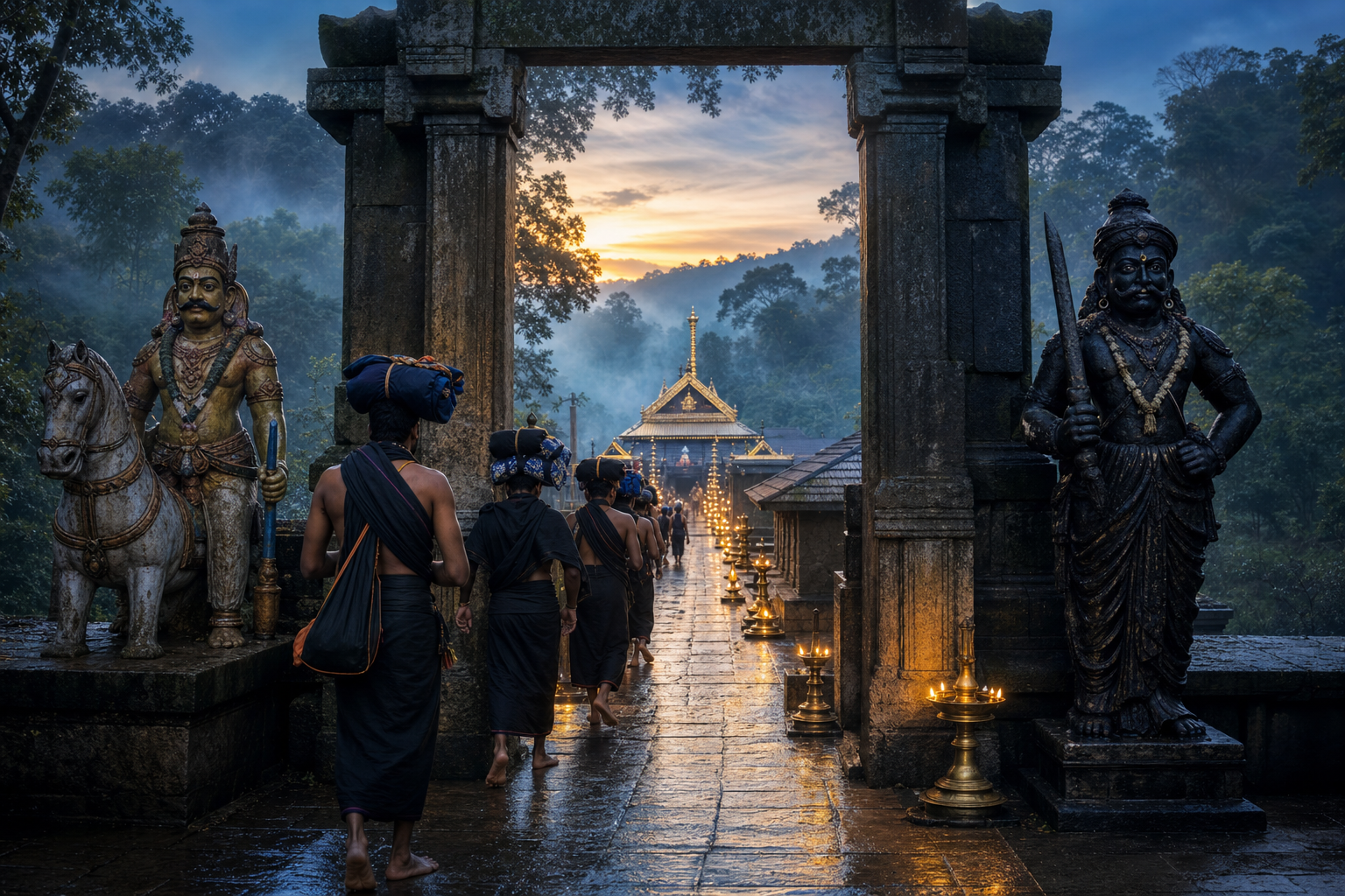 Pilgrims approach a lamp-lit Sabarimala temple threshold flanked by symbolic representations of Ayyanar and Karuppasamy at dawn.