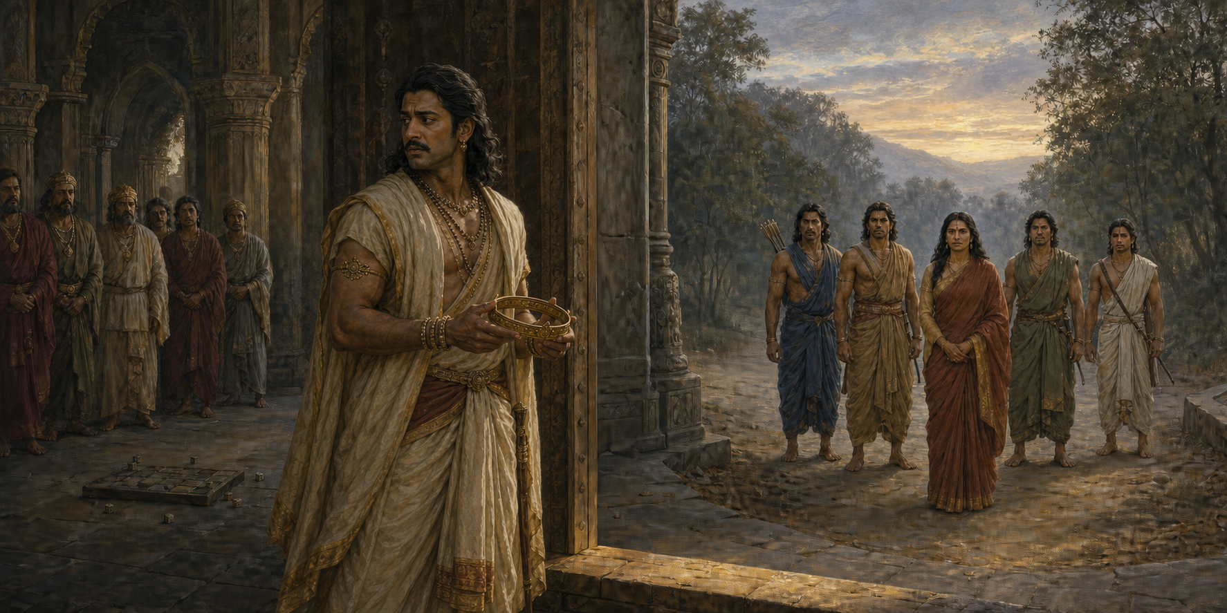 Yudhishthira holds a royal circlet at a palace threshold while Draupadi and his four brothers wait on a road leading into the forest.