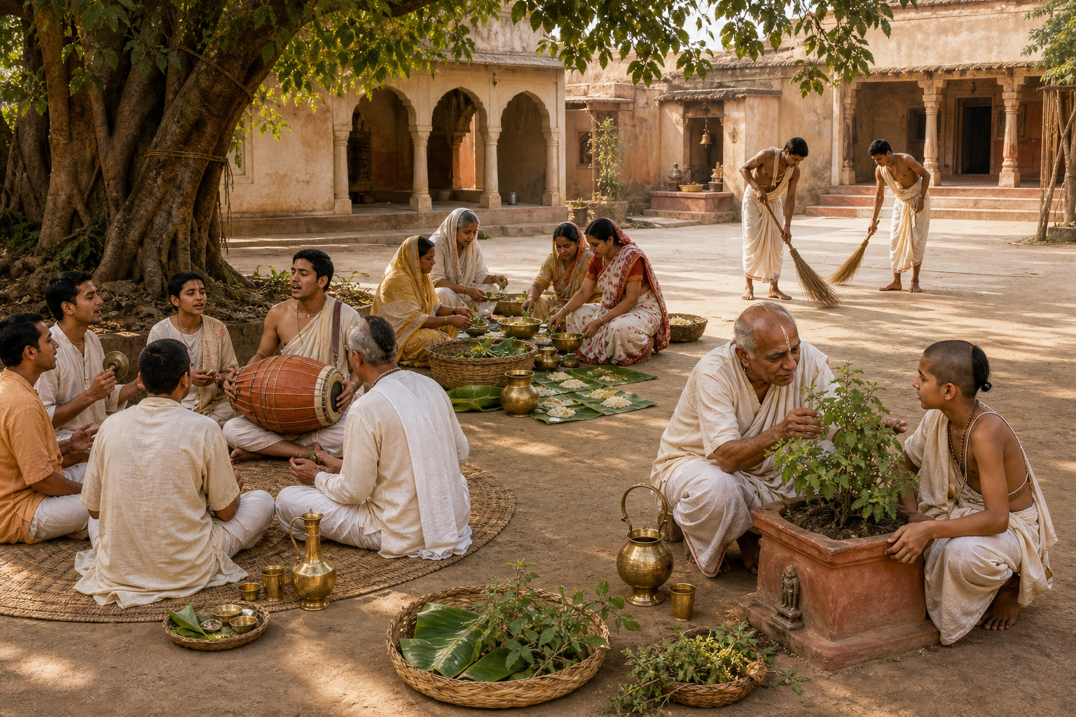 A multigenerational devotional community chants, prepares food, sweeps a courtyard, and teaches a younger practitioner to care for a tulasi plant.