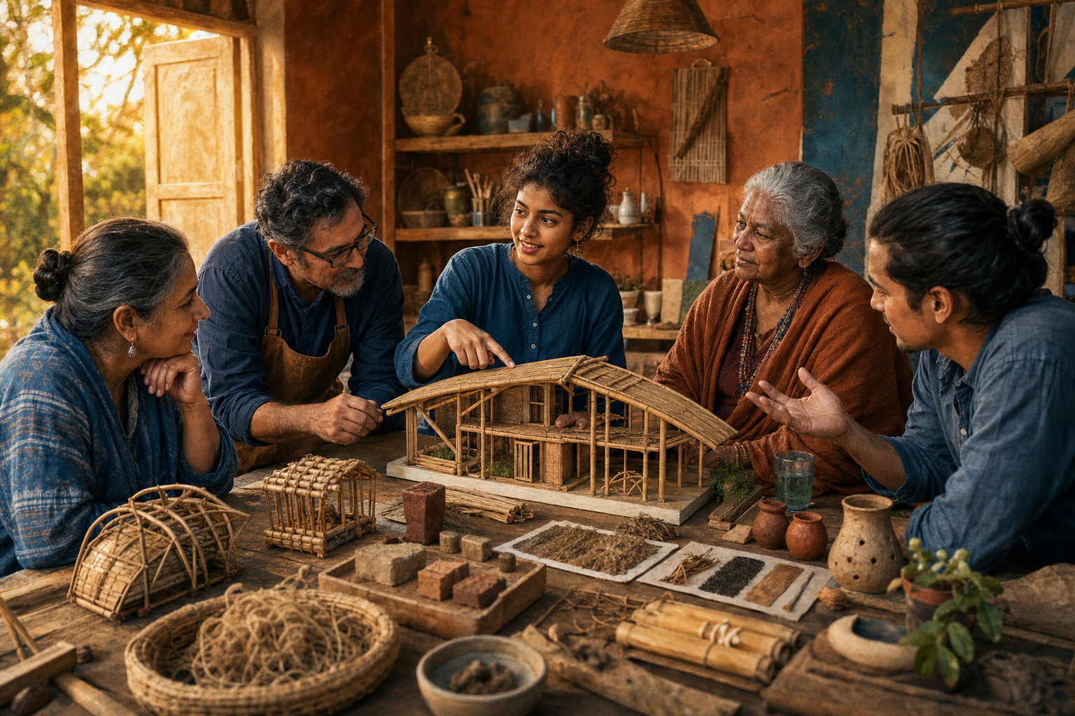 A student explains an ecological design prototype to four mentors in a workshop containing earlier models and natural materials.