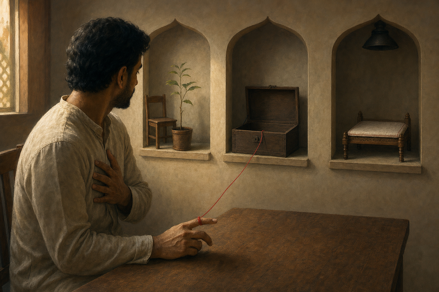 A seated person examines three alcoves containing an empty chair and sapling, a nearly empty chest, and an unoccupied ceremonial seat.