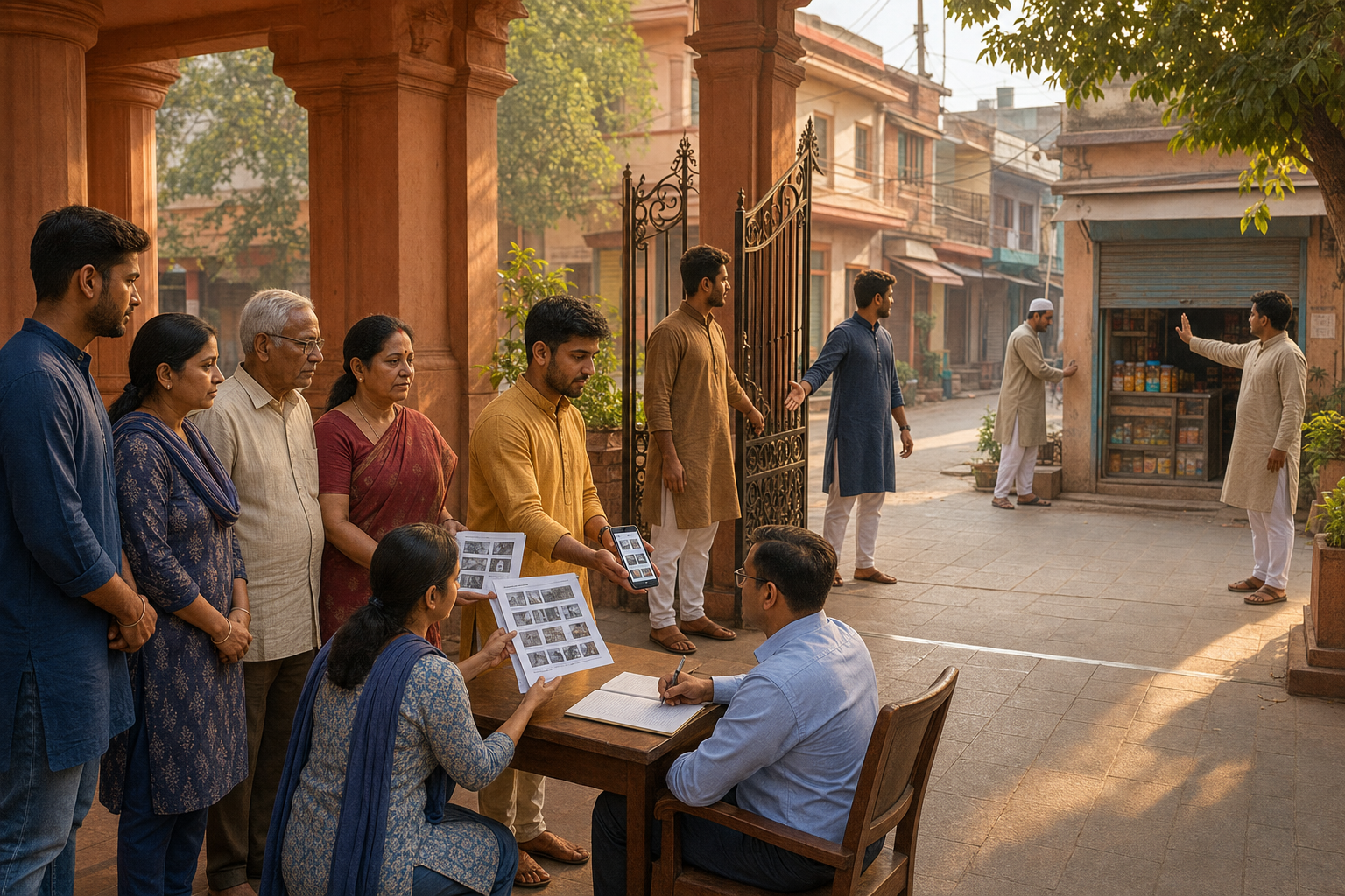 Hindu residents submit phone evidence to a legal officer in a temple courtyard while neighbors exchange a reassuring gesture across the street.