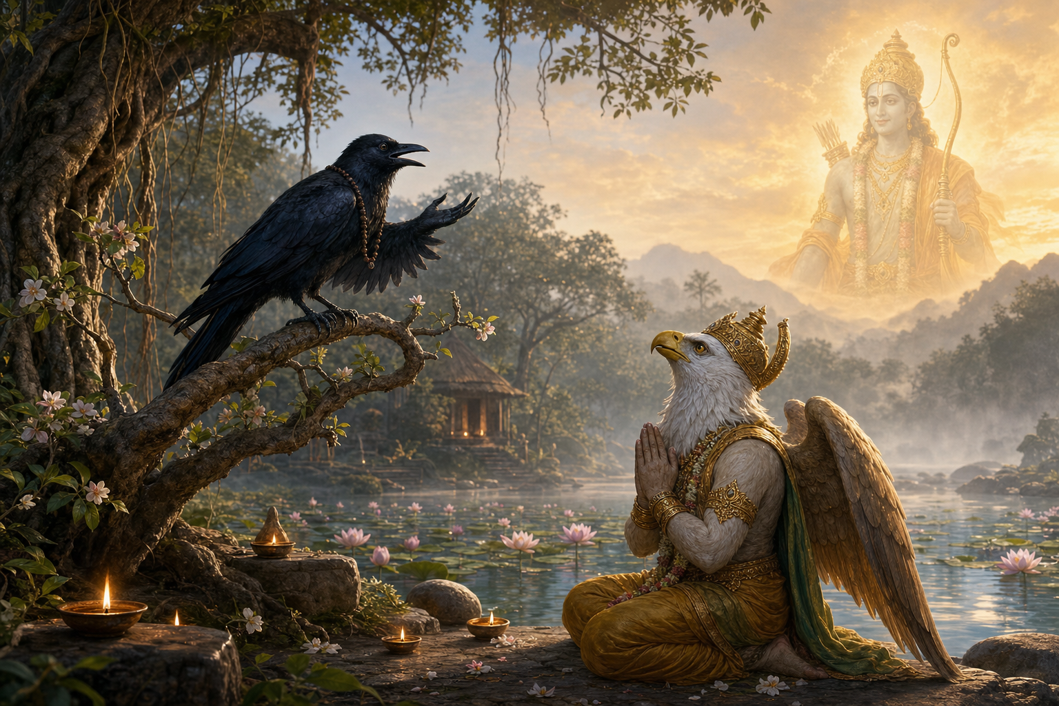 The black crow-sage Kakabhushundi teaches beside a lotus pond while Garuda sits with folded hands and a vision of Sri Rama glows faintly in the mist.