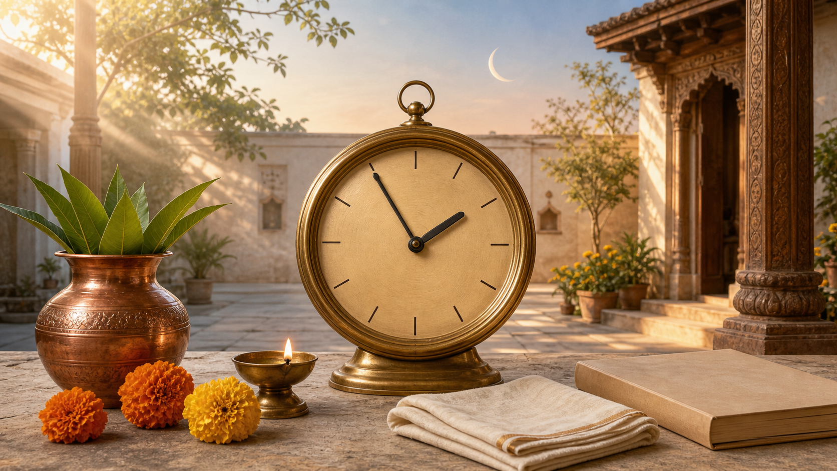 An unnumbered brass clock showing 1:54 sits with a diya, kalasha, marigolds, and a blank almanac in a courtyard transitioning from morning to afternoon light.