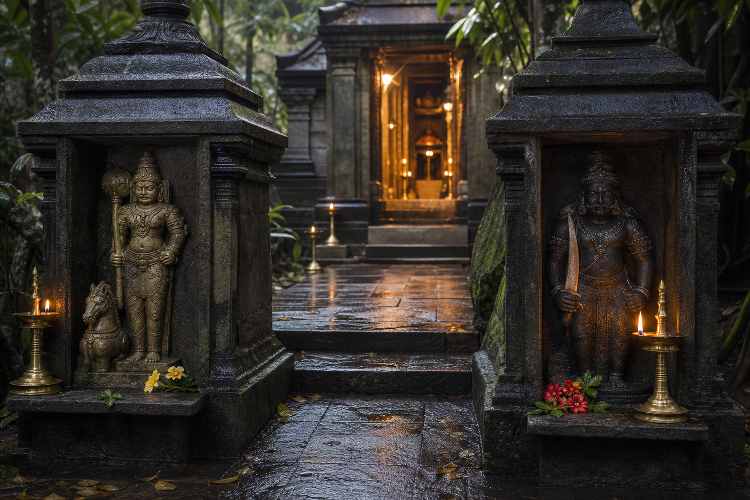 Two guardian shrine niches stand on either side of the stone route leading toward the inner temple doorway.