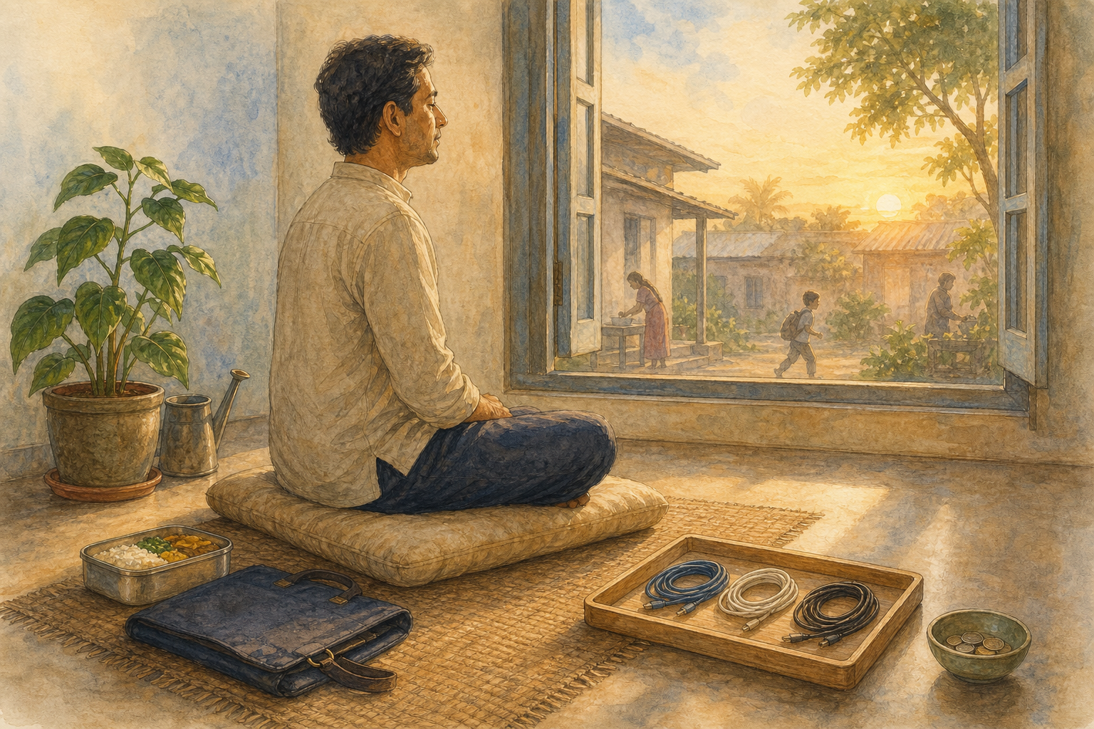At dawn, a householder meditates beside everyday family and work items while three untangled cords rest nearby.