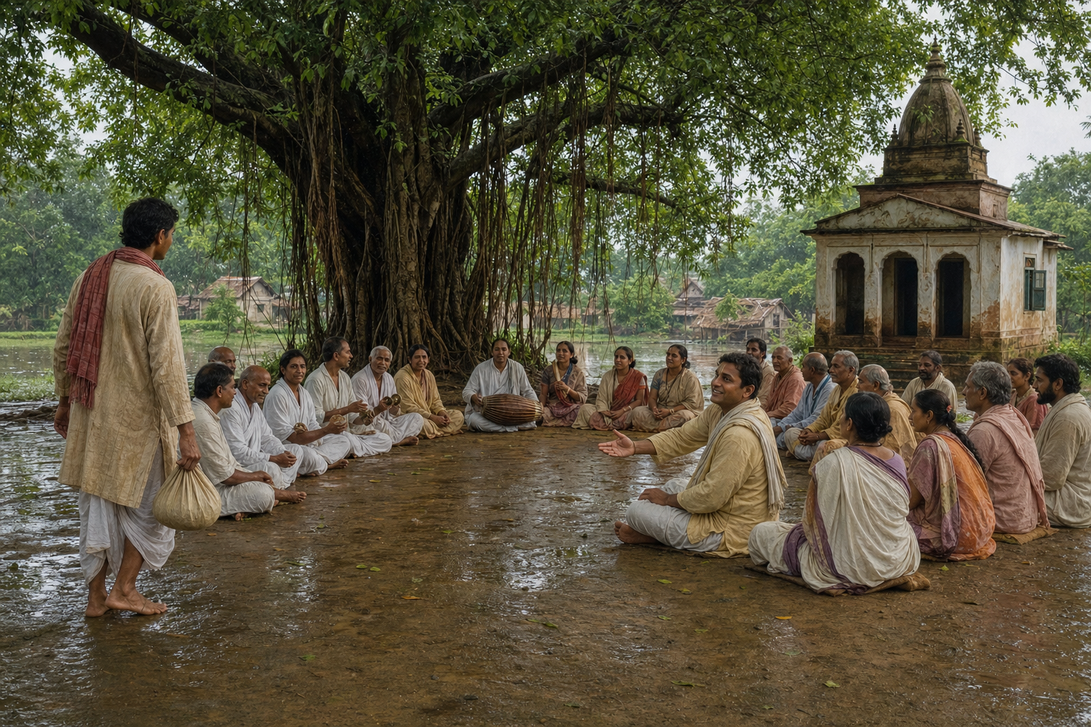 Devotees seated in an open crescent beneath a banyan tree welcome a newcomer into their shared gathering.