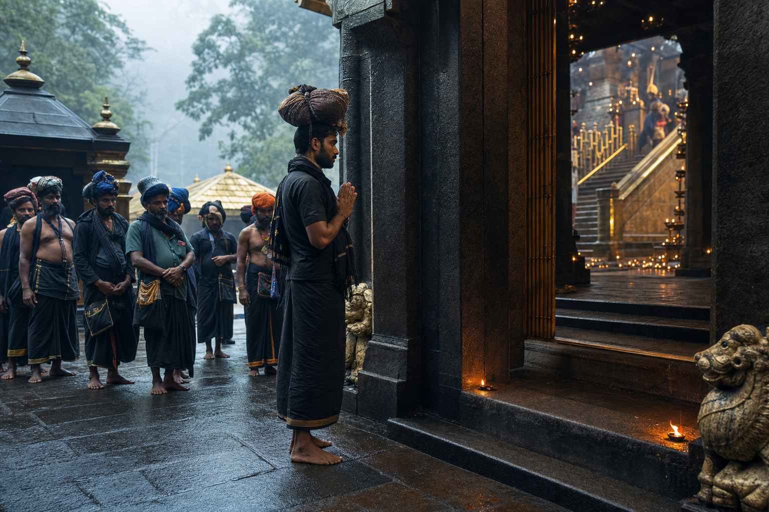 A barefoot pilgrim pauses with joined hands at a lamp-lit granite threshold while others wait quietly behind.