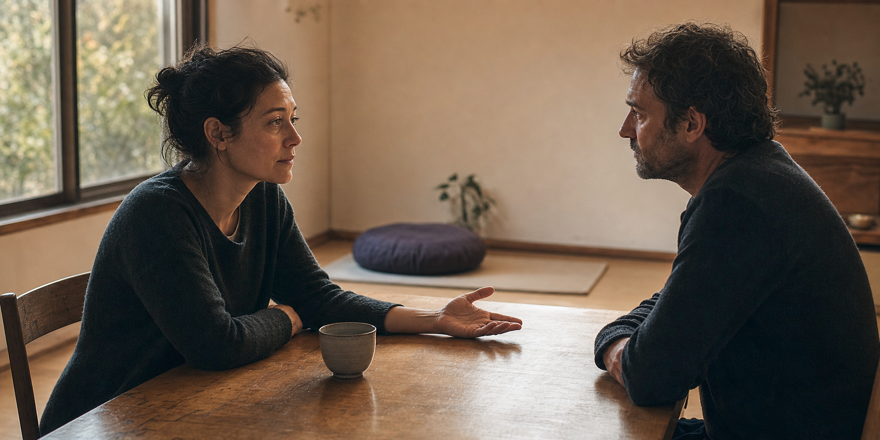 Two adults sit across a wooden table while one pauses with an open hand beside a ceramic cup before responding.
