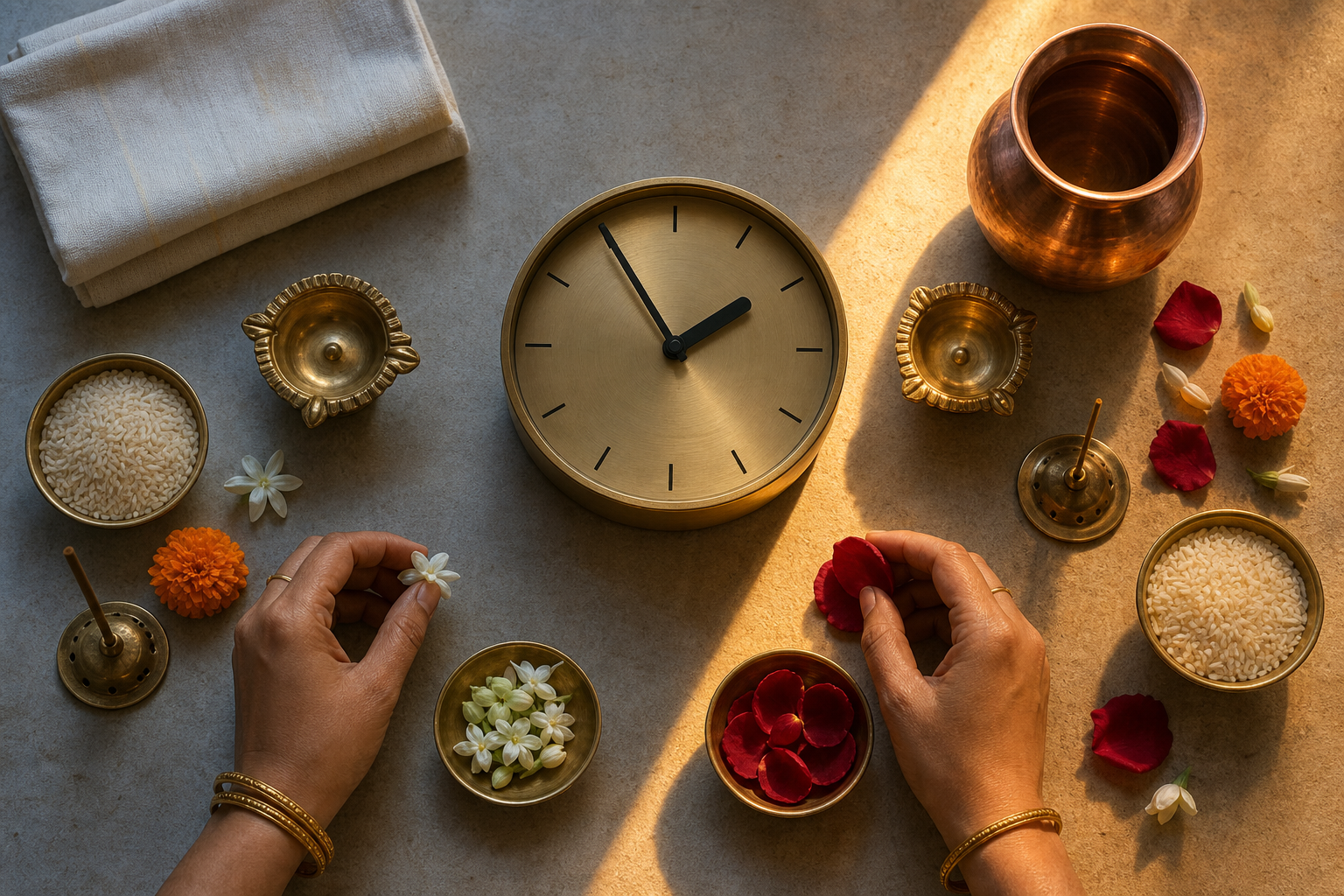 Hands arrange puja items around an unnumbered brass clock showing 1:54, with cooler and warmer light dividing the earlier and later parts of the day.