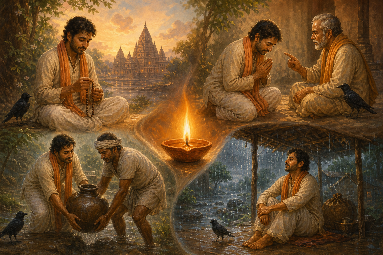 Four connected scenes show a devotee using prayer beads, bowing humbly, helping with a water vessel, and waiting calmly in the rain around a central oil lamp.