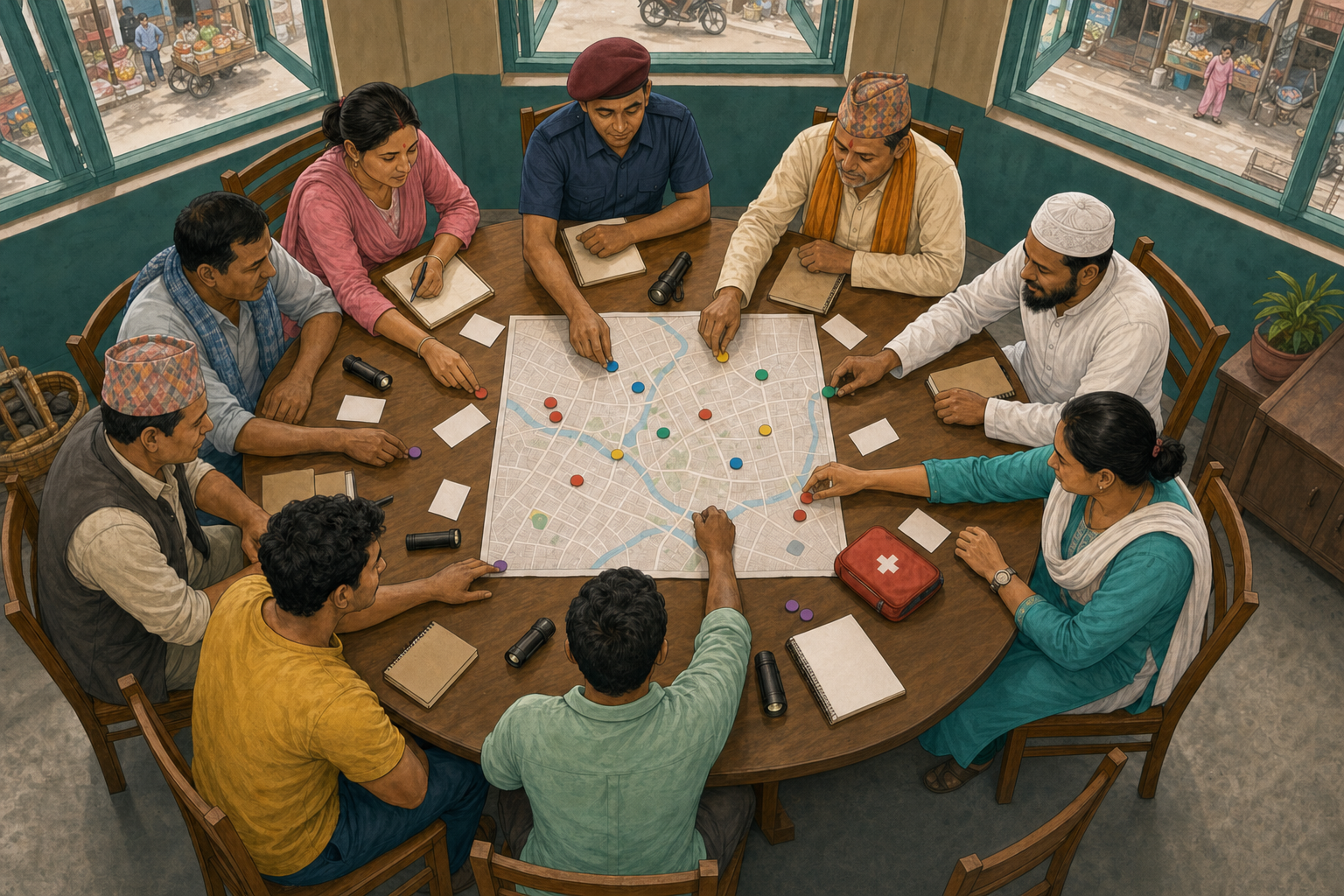 Police, faith representatives, educators, workers, shopkeepers, and youth volunteers coordinate around an unmarked Birgunj street map.