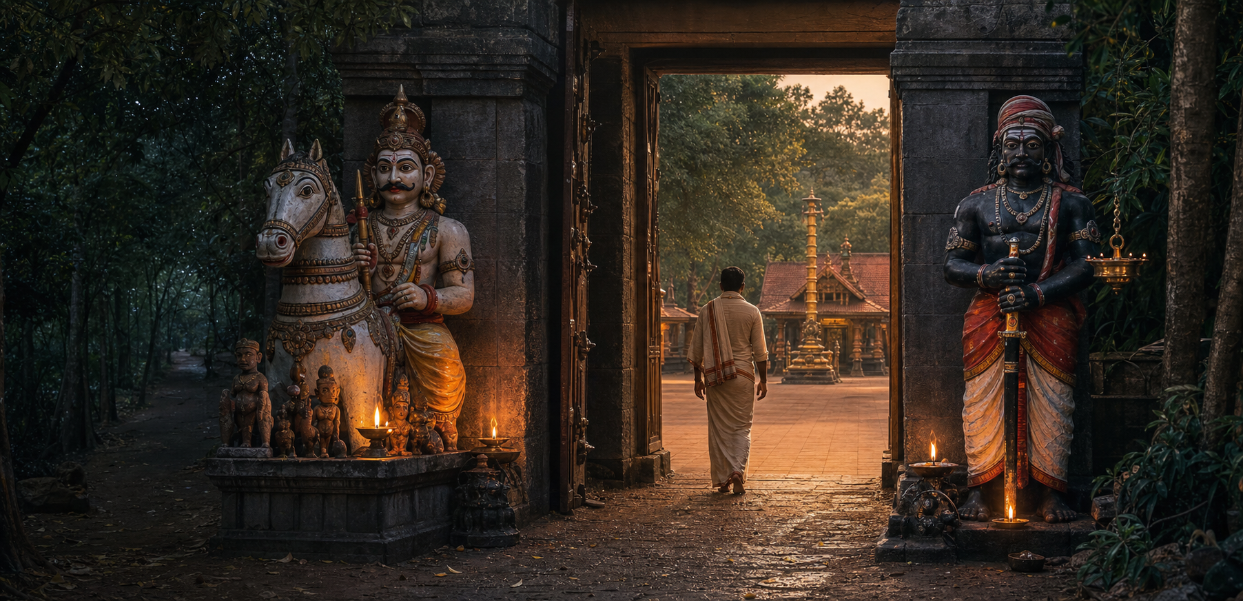 A pilgrim crosses a stone gateway between two protective guardian figures, moving from a forest path into a golden temple courtyard.