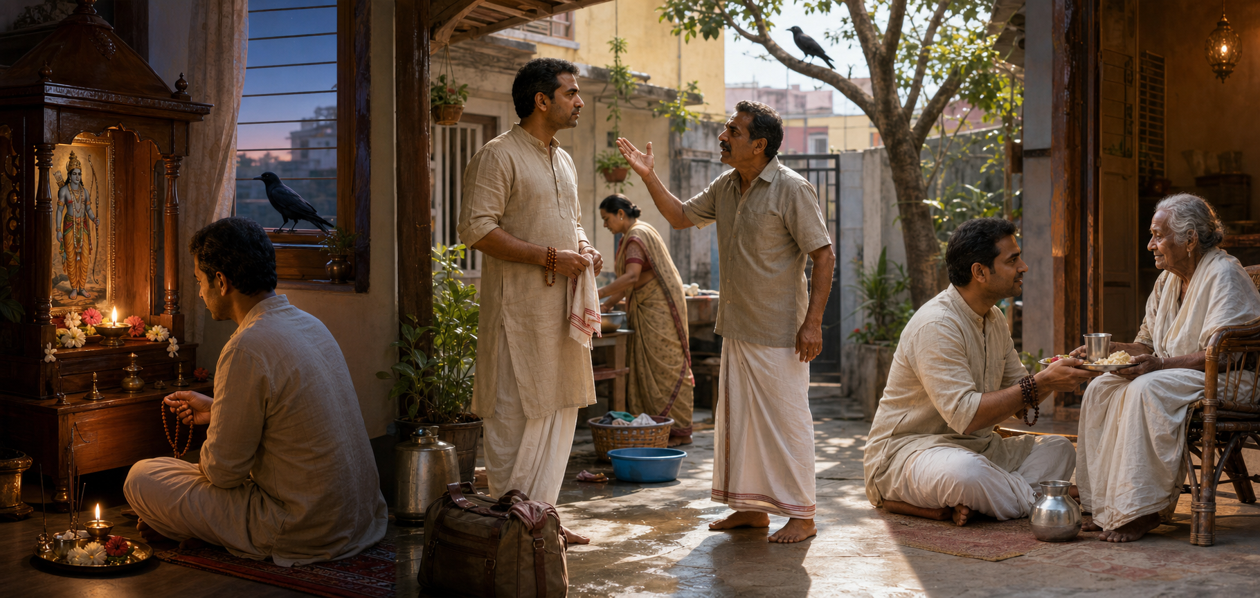 A devotee remembers Sri Rama at a dawn shrine, responds calmly during a difficult daytime encounter, and serves an elderly person in the evening as a black crow appears nearby.