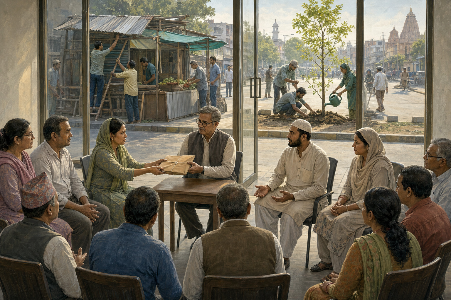 Residents attend an orderly civic hearing while volunteers repair a market stall and plant a tree outside.