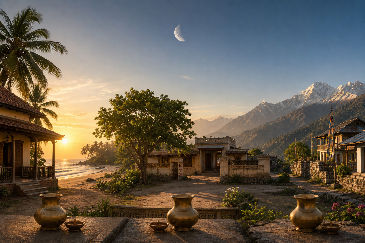 A connected panorama of coastal, plains, and Himalayan foothill settings under the same waning moon, each receiving sunlight at a slightly different angle.