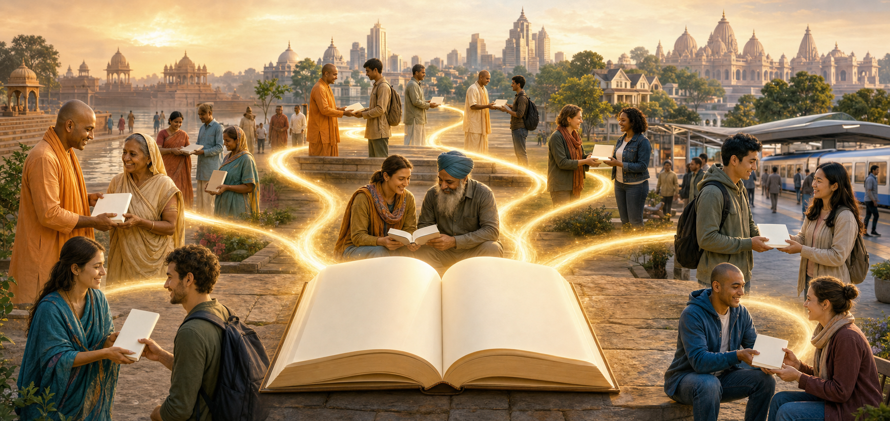 Volunteer teams offer unmarked spiritual books in several urban and temple settings linked by golden paths around an open book.