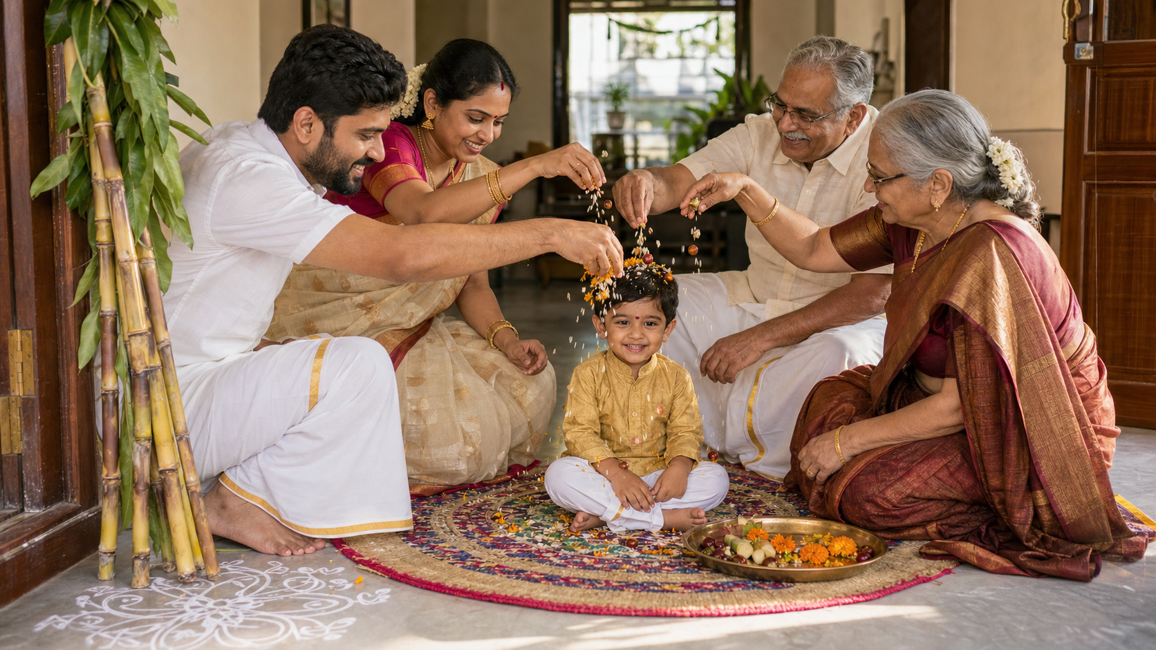 A preschool child sits on a mat as parents and grandparents gently shower Bhogi Pallu ingredients over the child's head in a decorated family home.