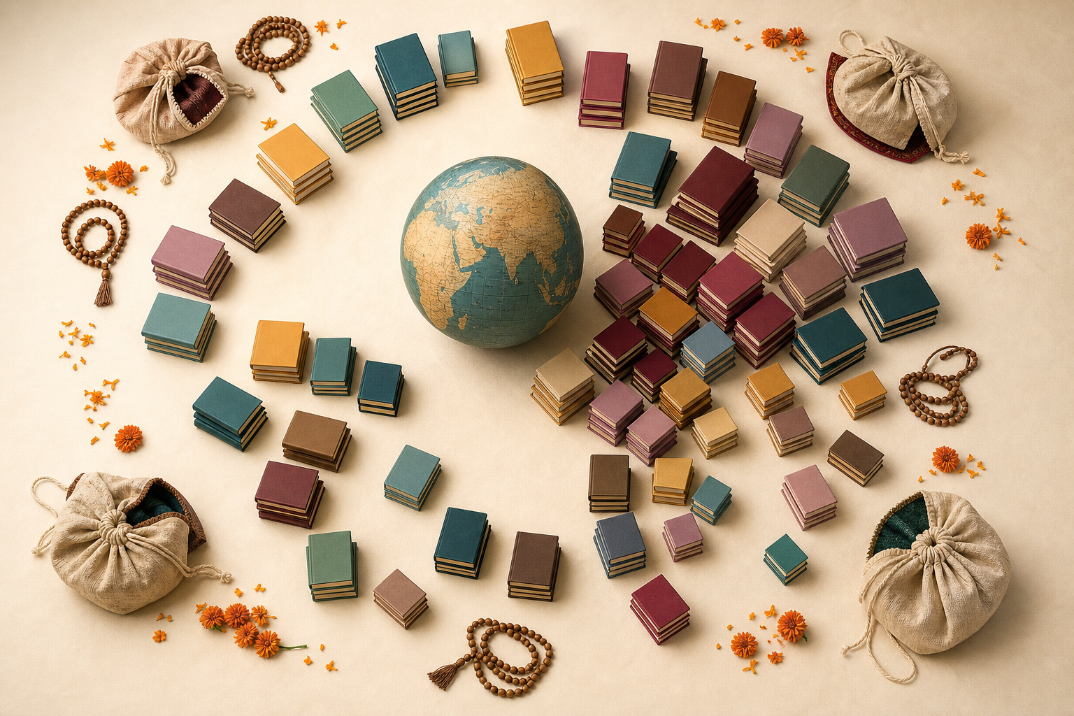 Stacks of blank-covered books form a circular arrangement around a globe with book bags, wooden beads, and marigold petals.