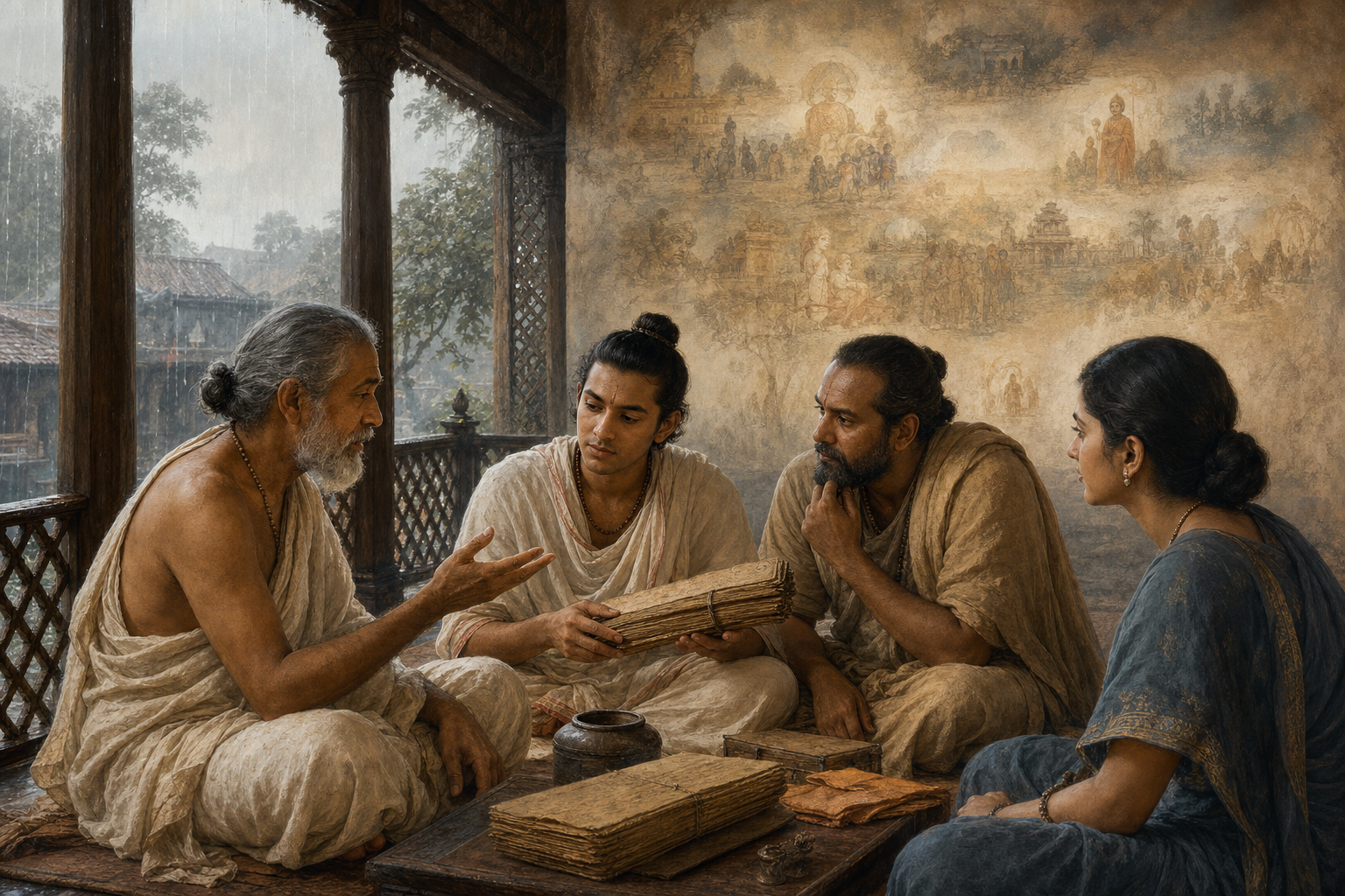 Several generations examine an old palm-leaf bundle and discuss oral memories in a shaded veranda.