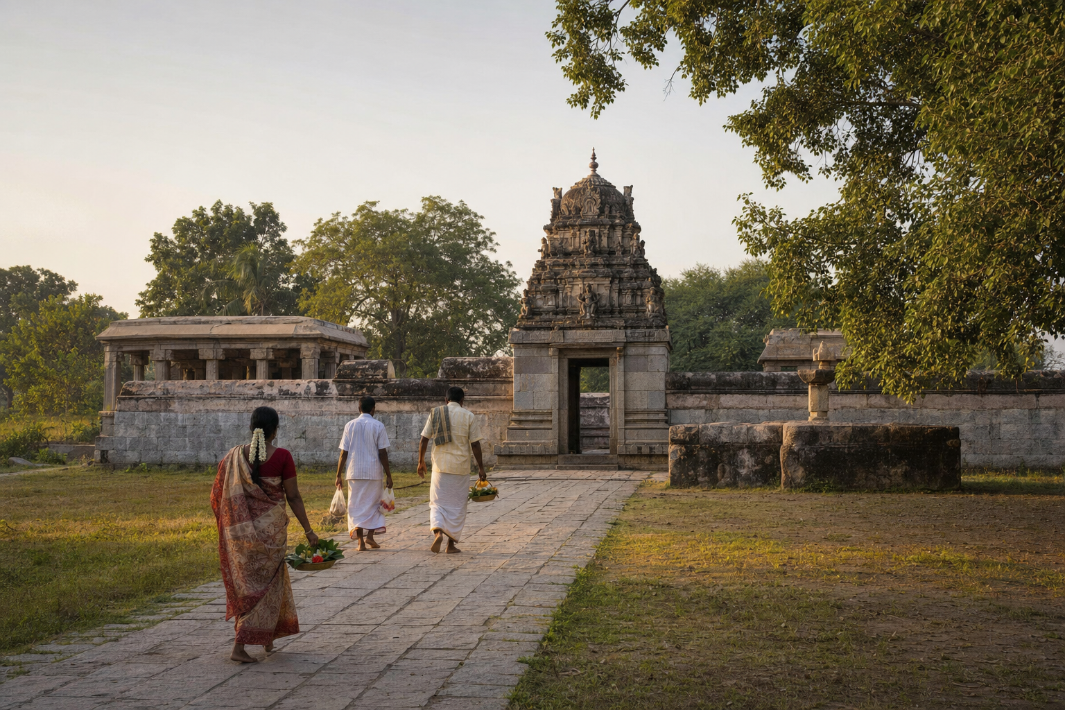 Pilgrims approach a historic Shiva temple complex along a stone walkway in soft morning light.