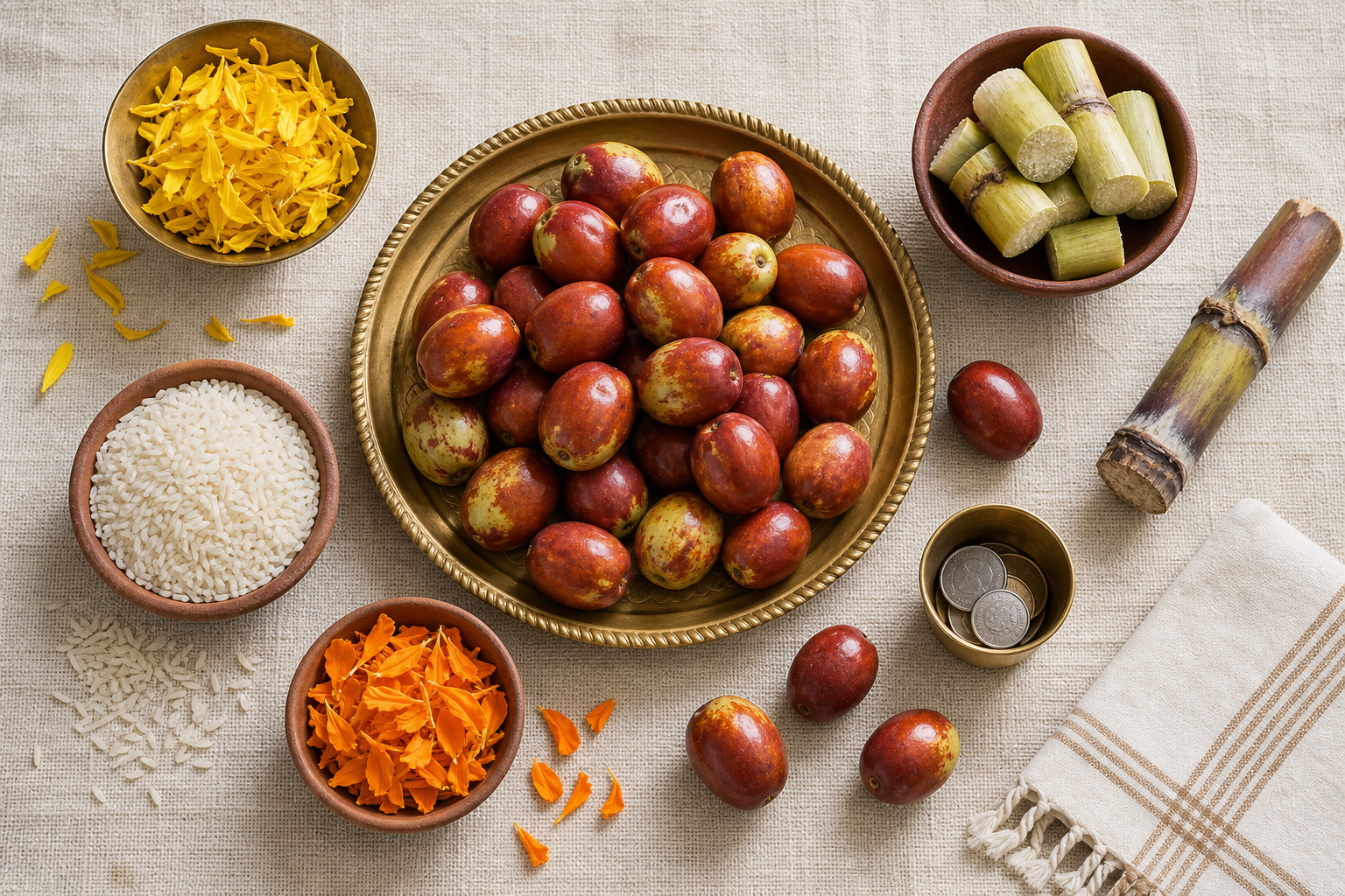 Brass and clay bowls hold Indian jujube fruits, flower petals, rice and sugarcane pieces, with a few coins placed separately in a small cup.