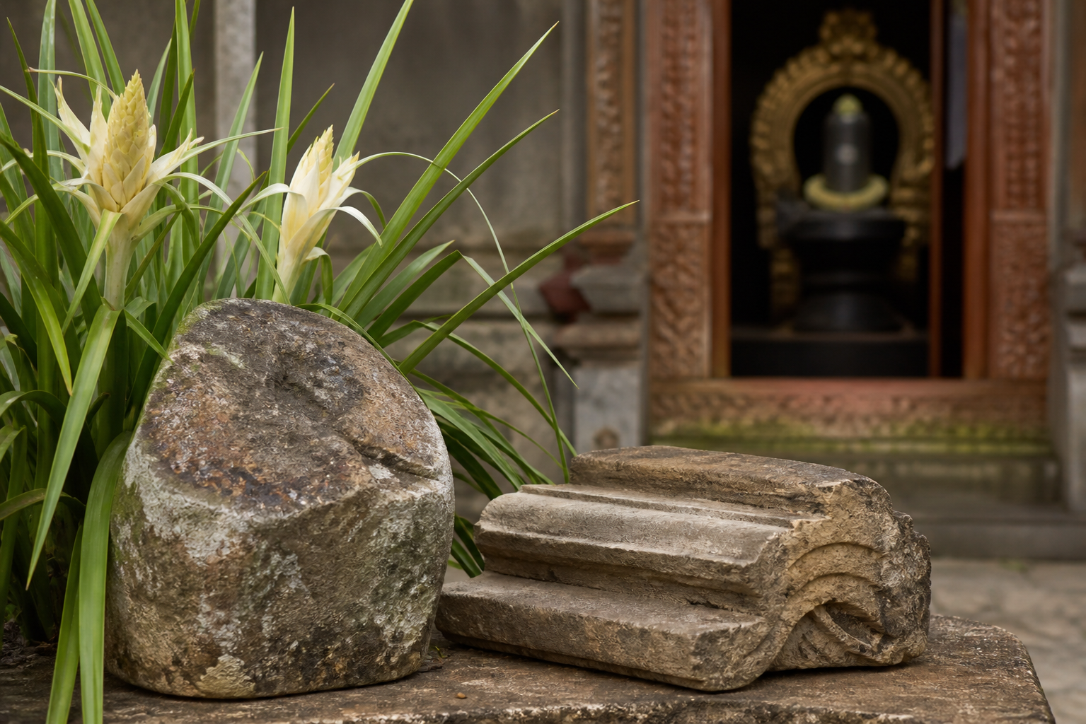 A ketaki plant and weathered temple stone stand in the foreground with a Shiva shrine doorway softly blurred behind them.