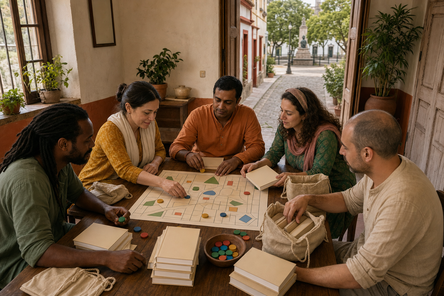 Five volunteers organize blank-covered books, cloth bags, colored tokens, and an unlabeled neighborhood map around a wooden table.
