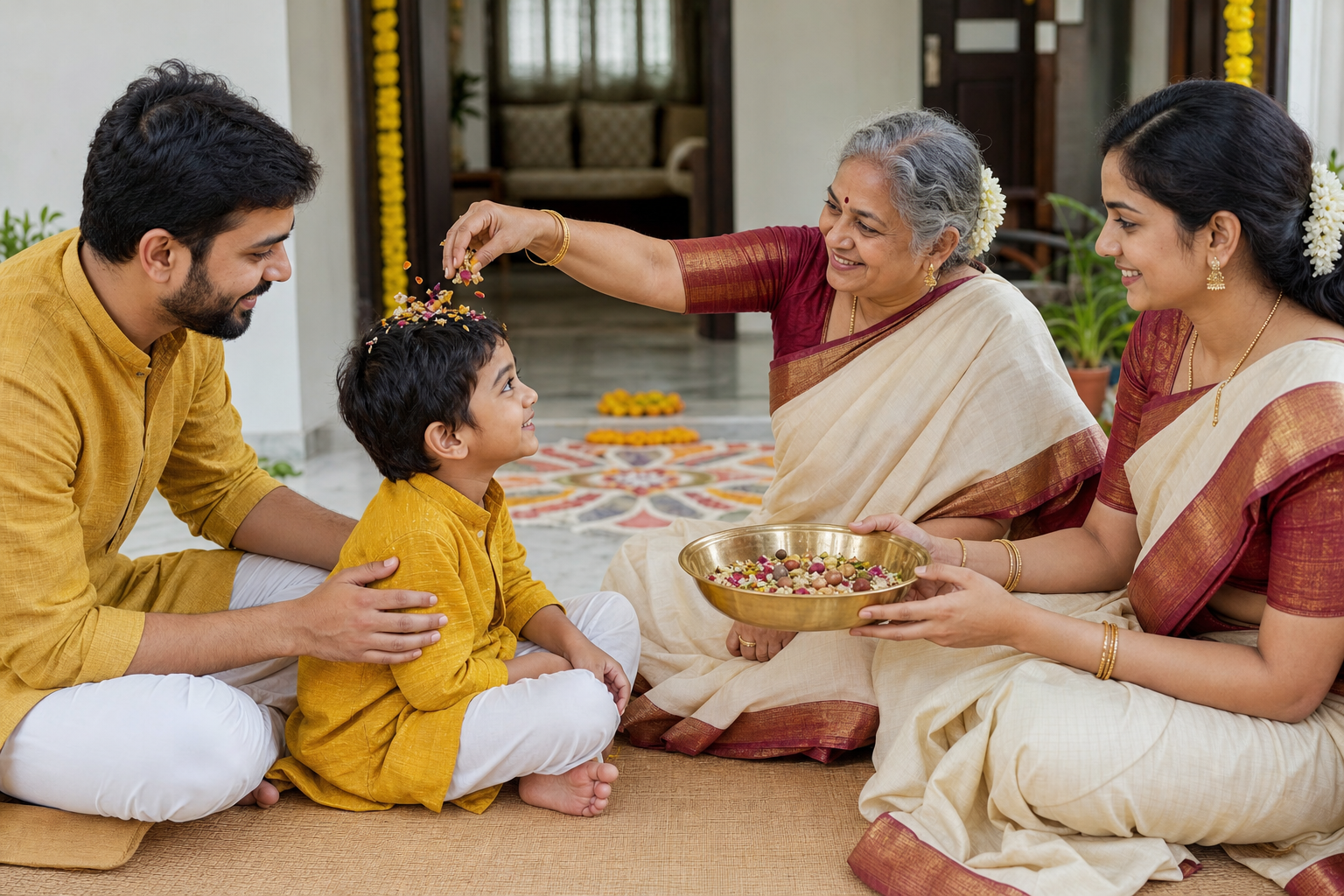A grandmother gently sprinkles a small handful of Bhogi Pallu over a seated child while a parent holds the brass bowl nearby.