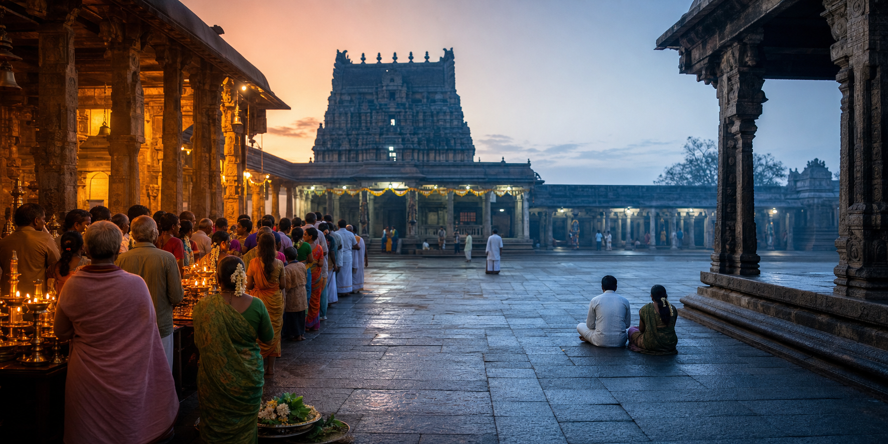 A temple courtyard scene contrasts a busy observance with a quiet morning of seated prayer.