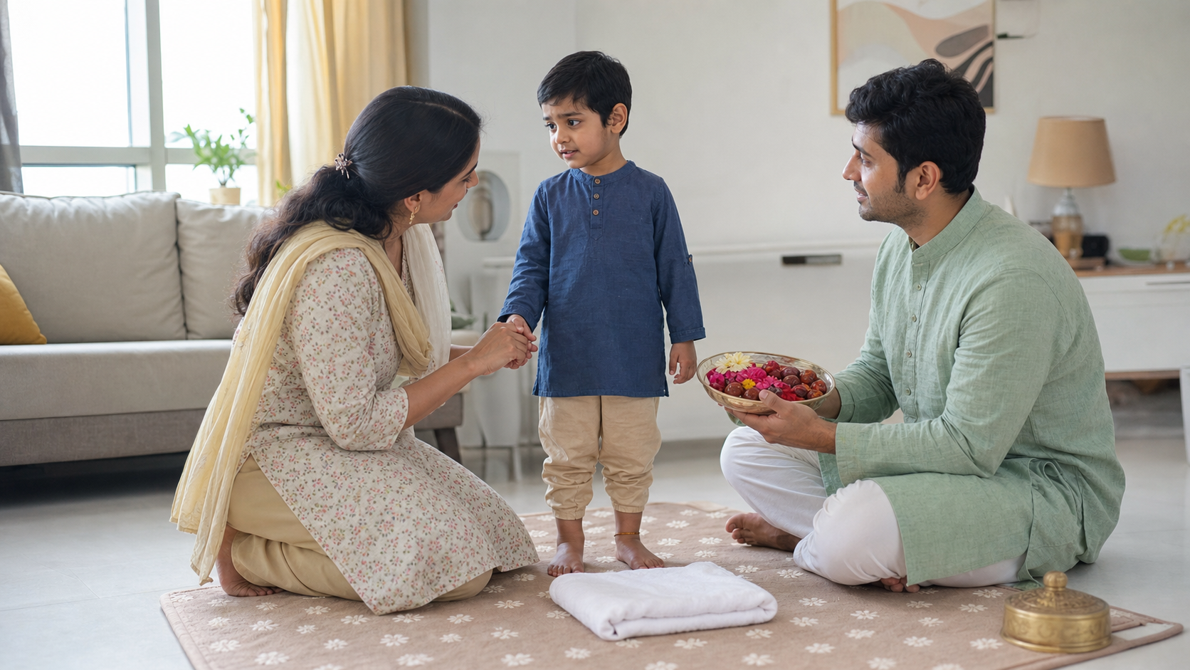 A caregiver holds a hesitant child's hand while a relative waits with a shallow bowl of Bhogi Pallu ingredients and small coins remain covered out of reach.