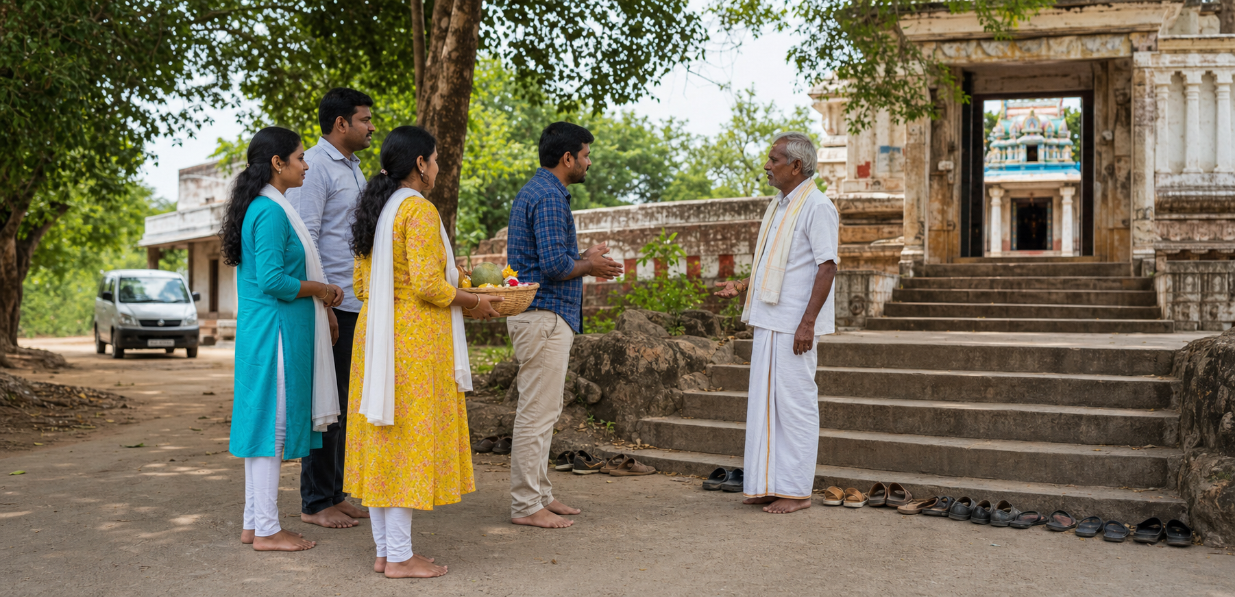 Travelers ask a temple attendant for guidance near the entrance while leaving their footwear neatly outside.