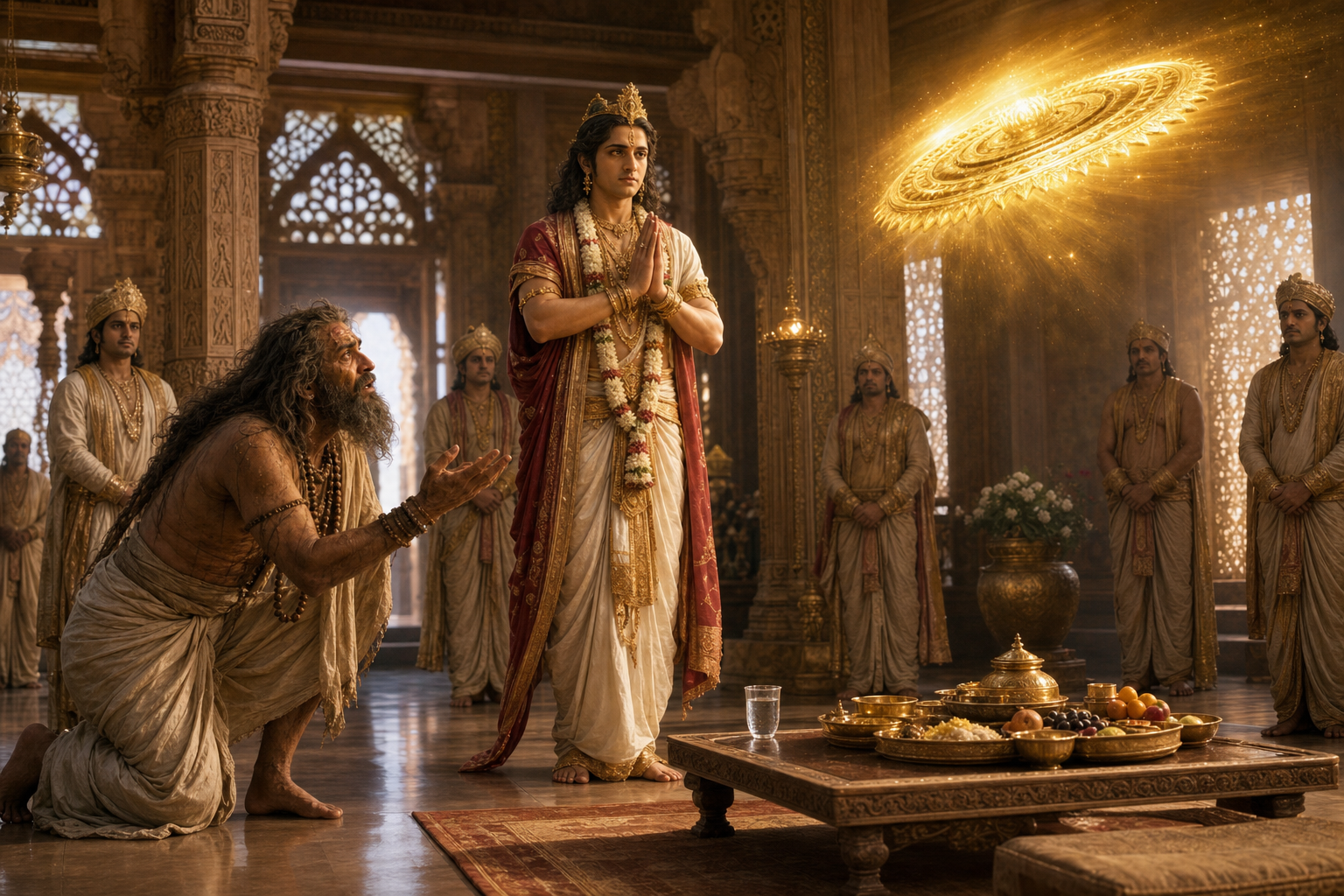 King Ambarisha folds his hands in intercession between a distressed sage and a fading golden disc in a palace dining hall.