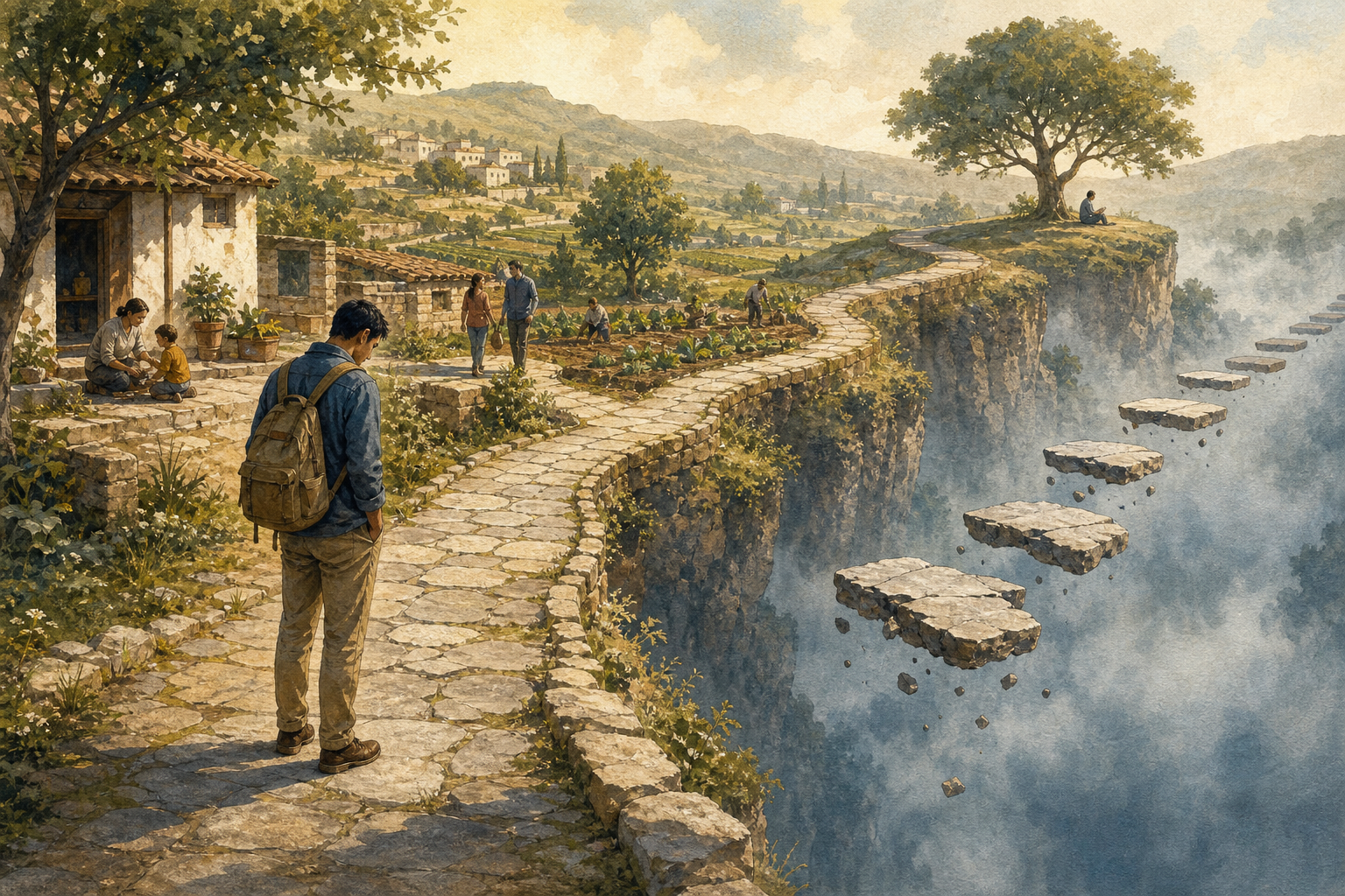 A traveler pauses between a solid winding path through a lived-in landscape and fragile stepping stones that end above a misty ravine.