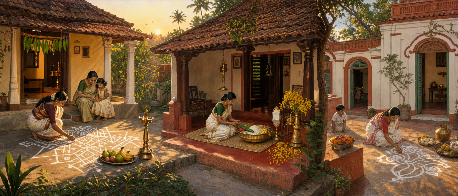 The same sunrise reaches three separate South Asian courtyards where families prepare distinct regional New Year arrangements.