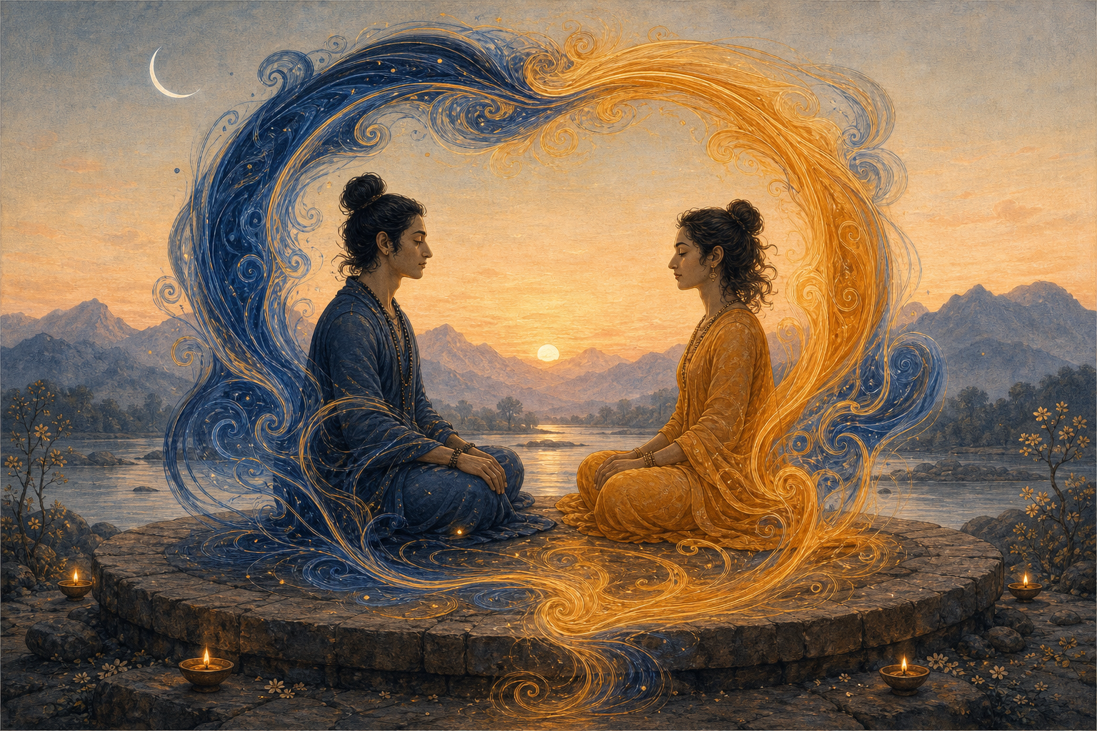 Two people sit facing each other as indigo and golden currents of light join in a circle around them against a mountain and river landscape.