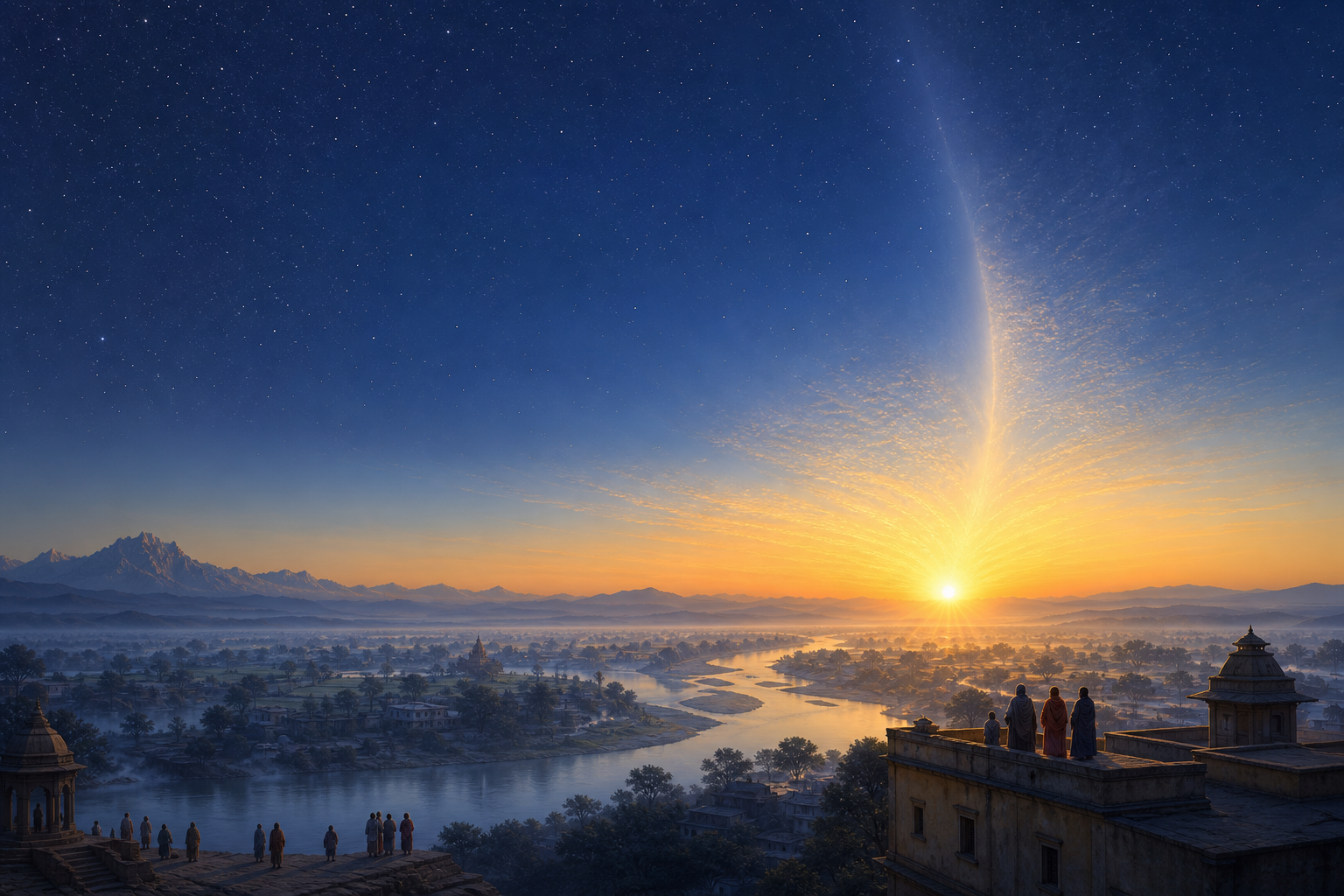 Golden winter sun rising over an Indian landscape as a curved band of light suggests the seasonal solar turning.