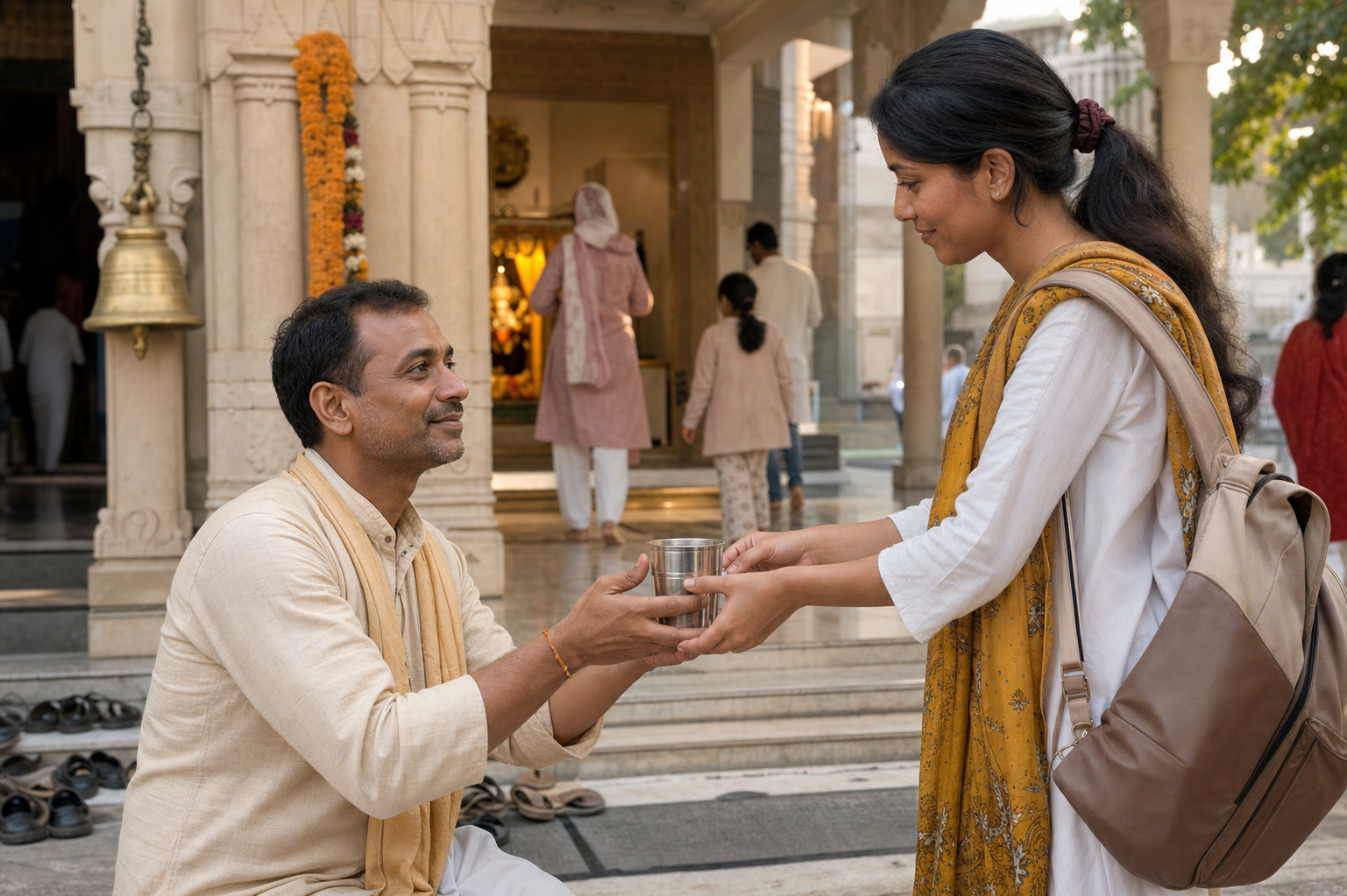 A temple volunteer offers a cup of water to a newly arrived guest in a sunlit courtyard.