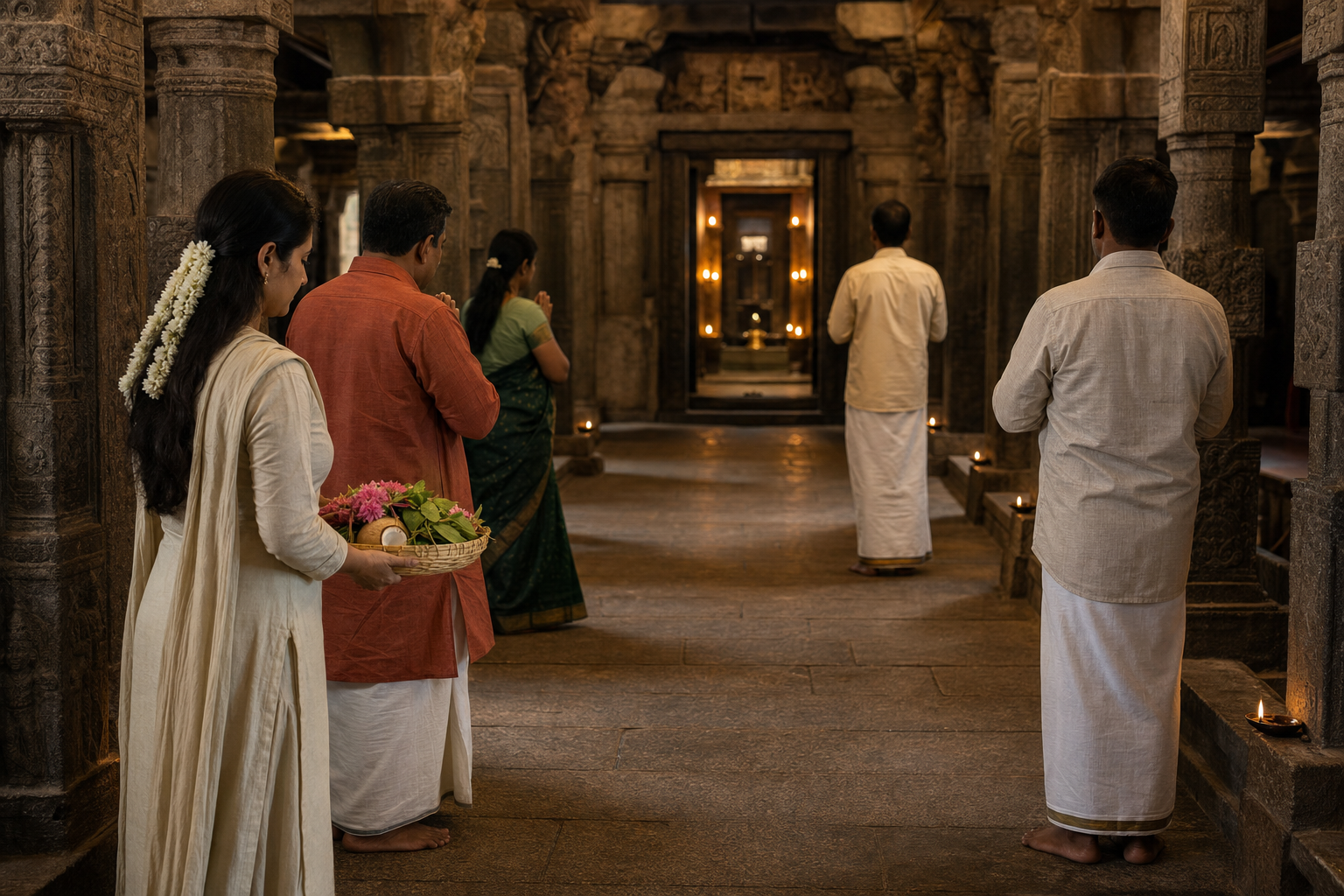 Pilgrims wait quietly with flower and bilva-leaf offerings inside a weathered stone temple hall.