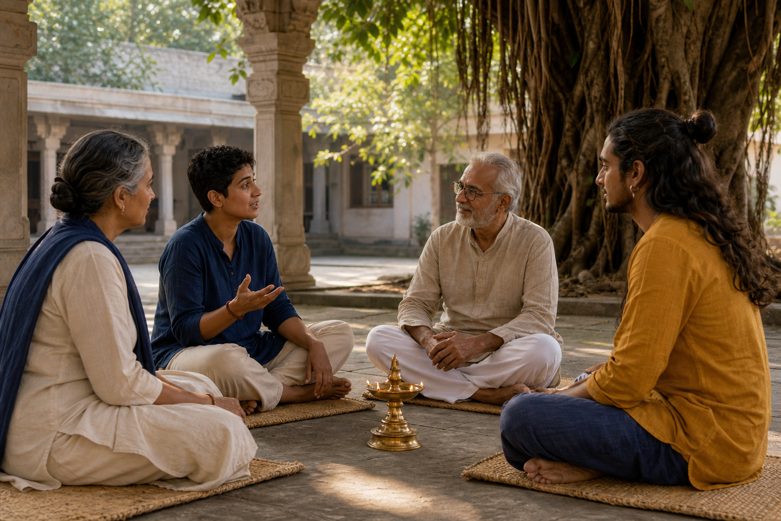 Four adults sit as equals in a temple courtyard discussion around a small brass lamp.
