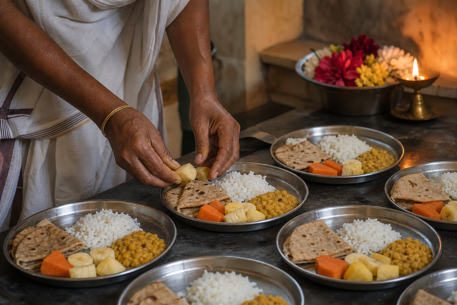 A volunteer carefully arranges simple food on metal plates beside flowers and a small oil lamp.
