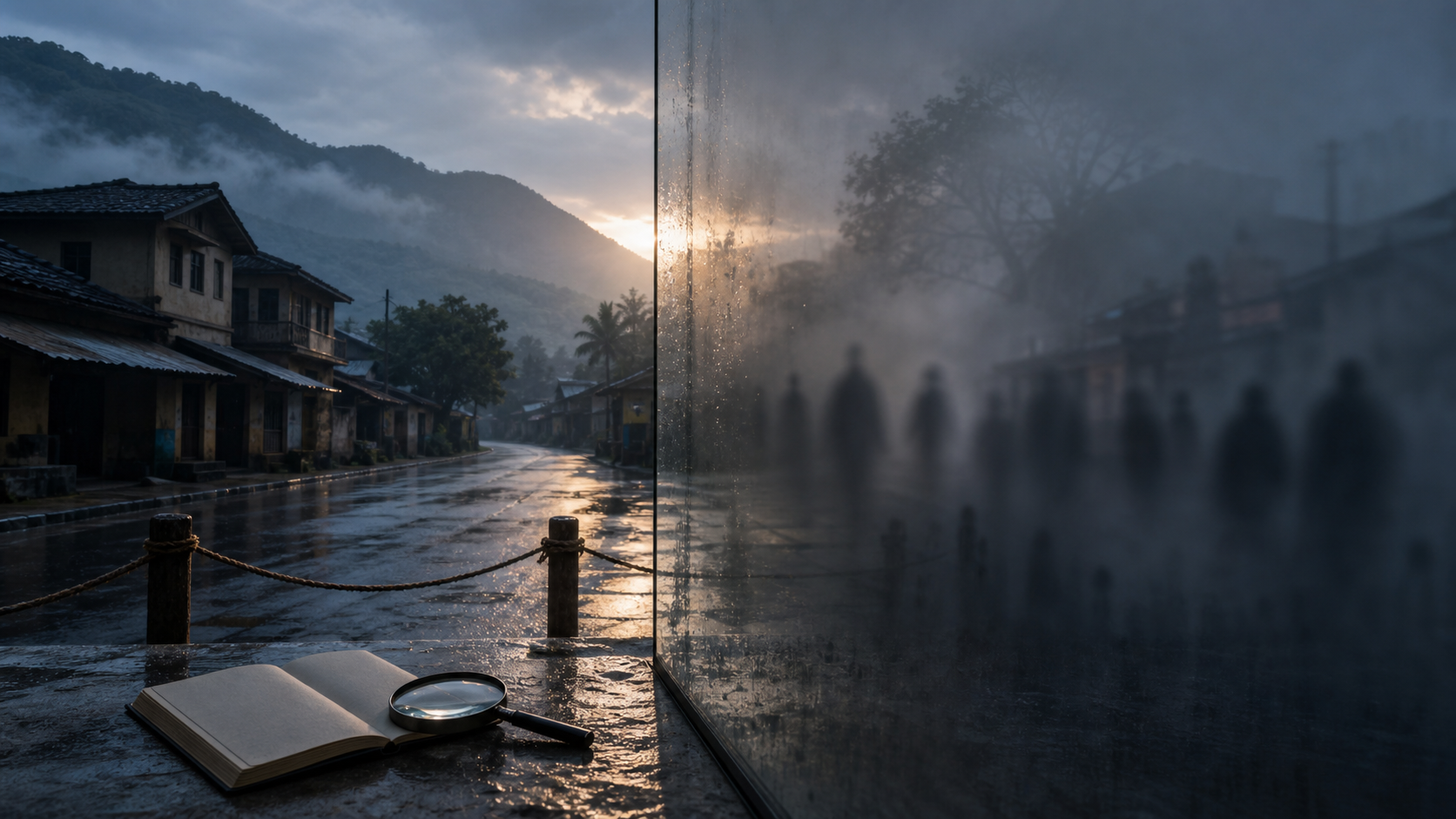 Editorial illustration of a rain-damp Karnataka town seen through a glass pane, with one side clear and the other obscured by mist and shadows.