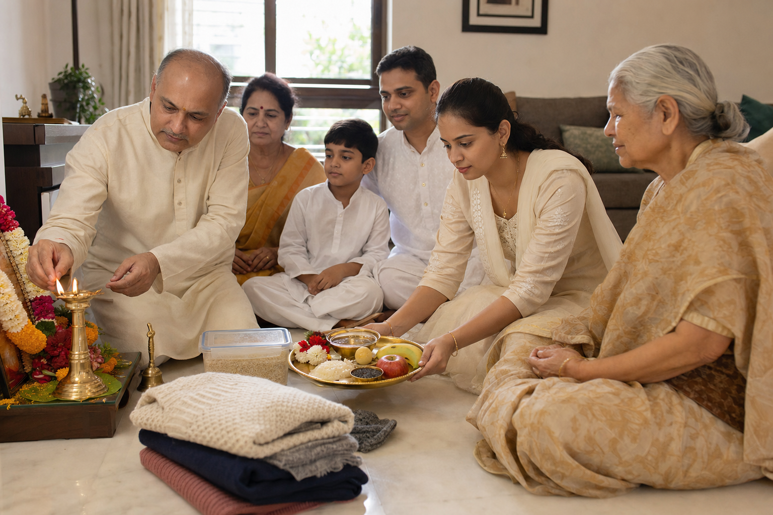 An intergenerational family lights an oil lamp beside simple offerings of flowers, rice, sesame, jaggery, and fruit in a home shrine.