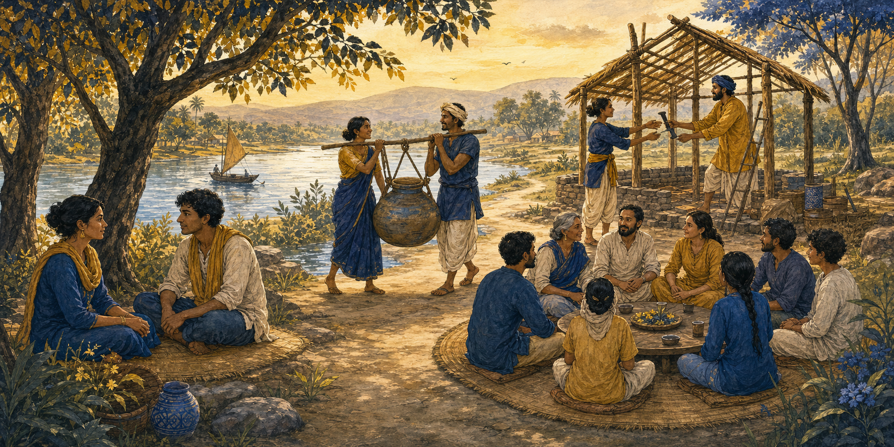People listen, share a burden, exchange tools, and make a group decision in a connected riverside community scene.