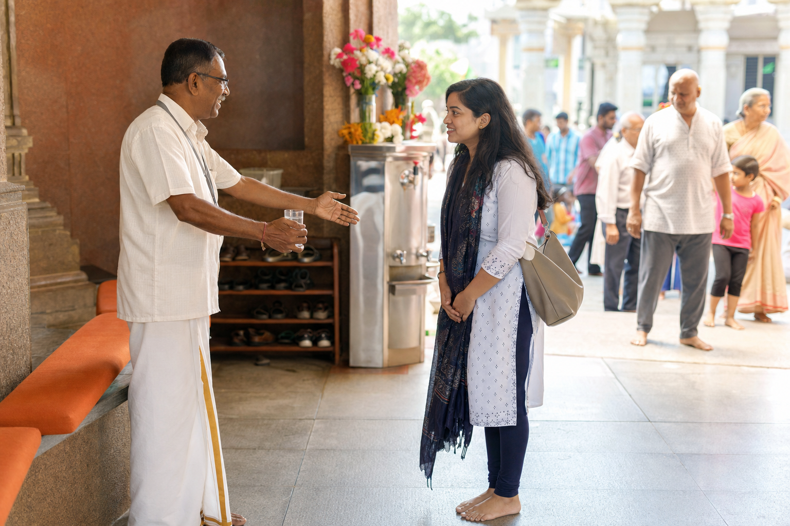 A temple volunteer welcomes an uncertain visitor with water and a place to sit near the entrance.