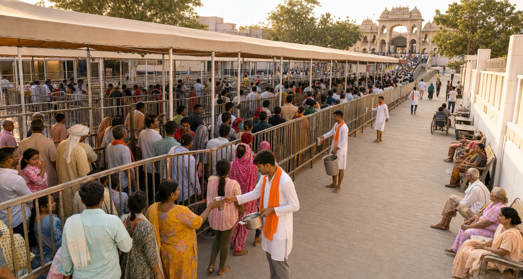 Pilgrims wait in organized barricaded lanes with shaded rest areas and water support near the temple entrance in Khatu.