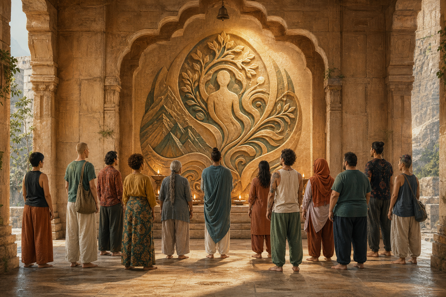 A diverse group of devotees stands equally before a lamp-lit stone relief with intertwined mountain and plant motifs.